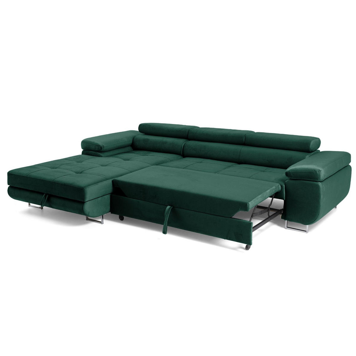 ECKSOFA ALONZO L Links mit Schlaffunktion 125x195 Velours Grün - Silberfarben/Grün, Holz/Textil (275/203cm) - Muffo