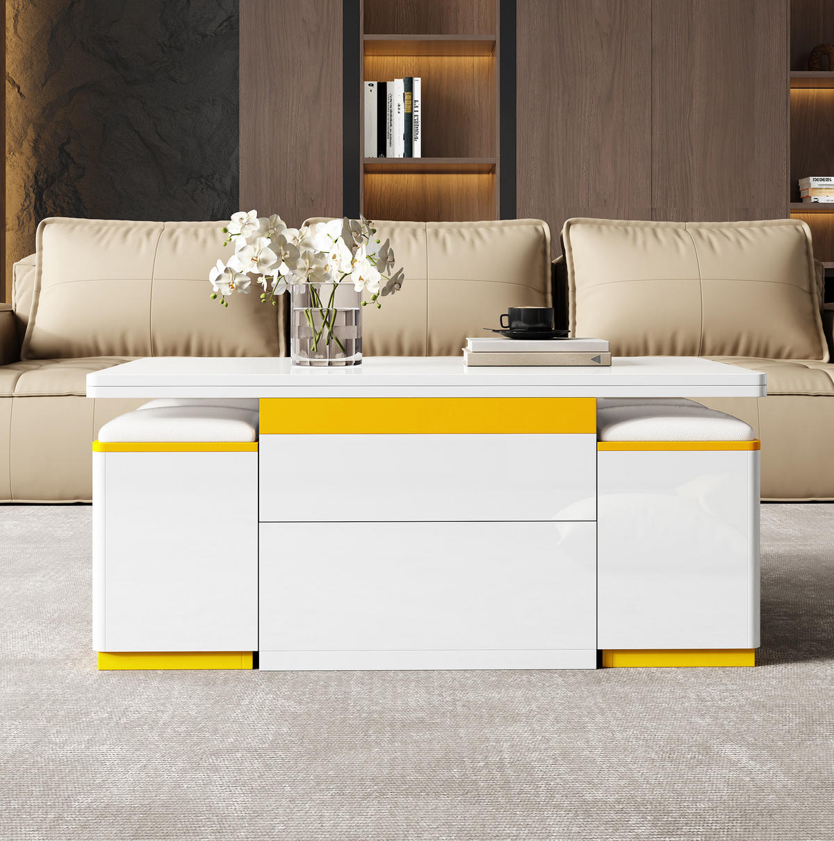 COUCHTISCH aus MDF und Spanplatte 100x50x43 cm Weiß/Gelb höhenverstellbar mit Klappfunktion und 4 Hockern - Weiß, Holzwerkstoff (100/50/43cm) - IVMEU