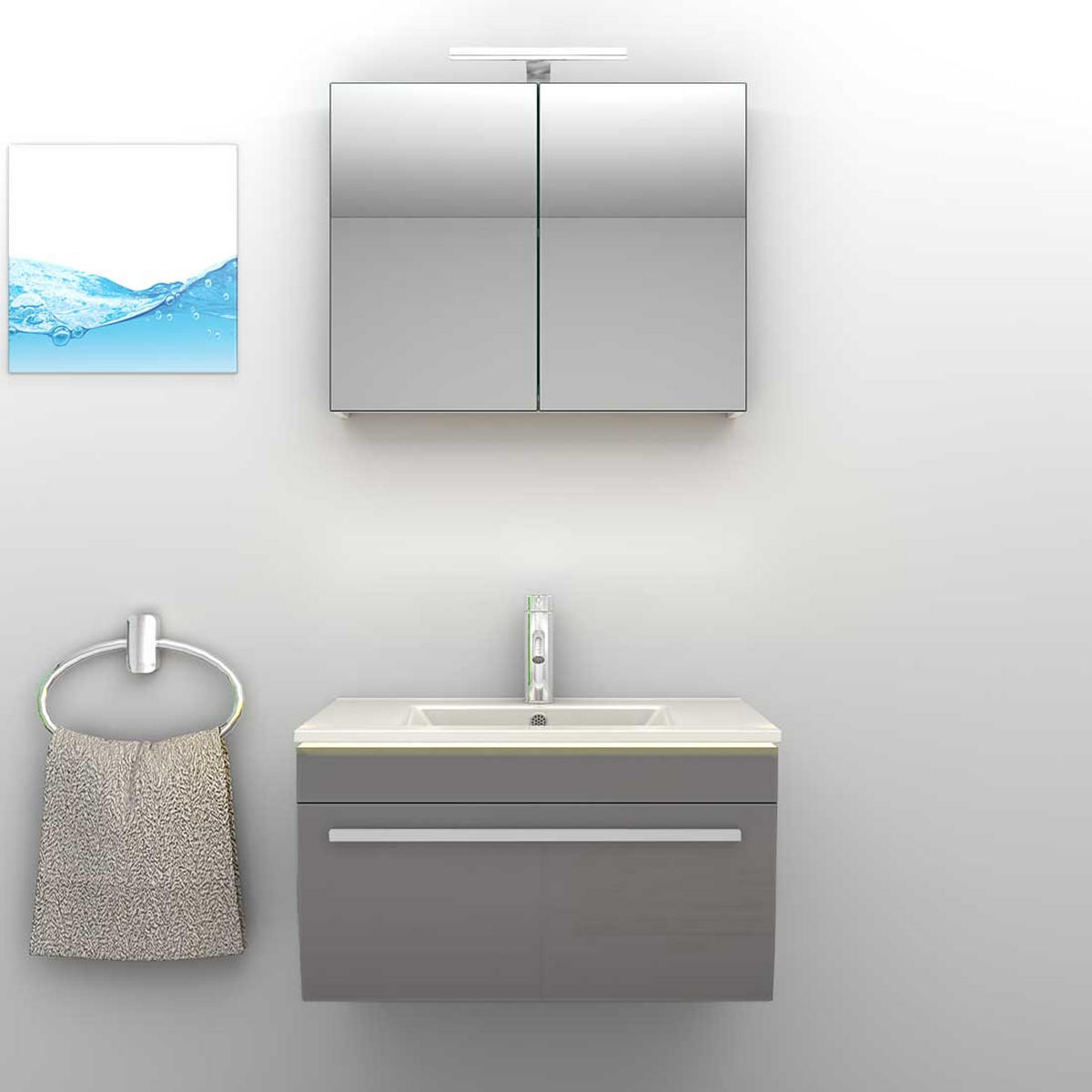 BADMÖBEL Set Gently 3 V1 Weiß/Grau MDF Waschtisch 70cm JA mit 1x 5W LED-Strahler - Grau, Glas/Kunststoff (46/52/60cm) - AcquaVapore by Sandra Jentho