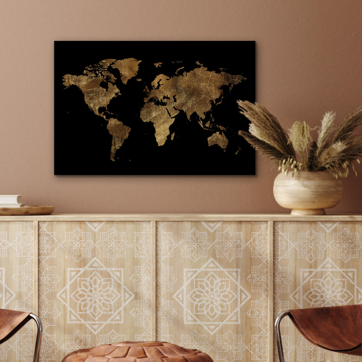 METALLBILD Weltkarte - Gold - Luxus - Erde - Schwarz 60x40 cm - Goldfarben, Metall (60/40cm) - MuchoWow