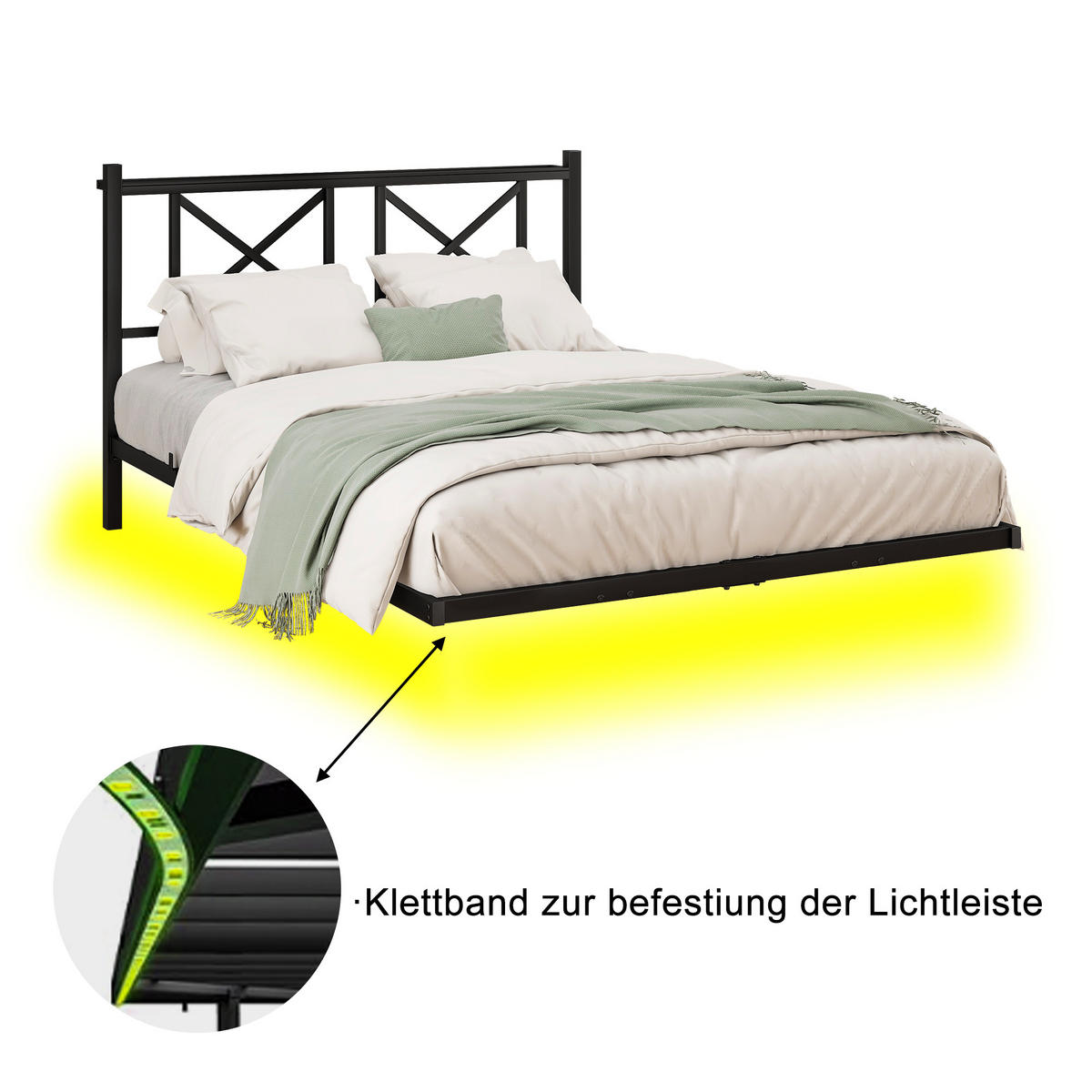 METALLBETT 120x200 cm LED USB Kopfteil - Schwarz, Metall (120/200cm) - Fortuna Lai