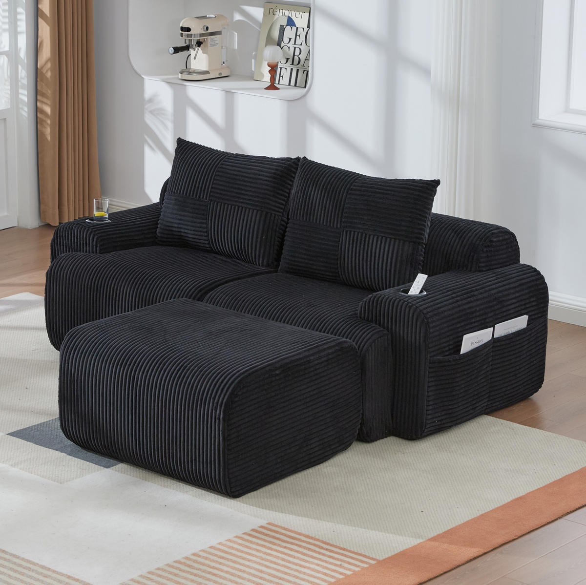 ECKSOFA 200/174/80 cm schwarz aus Cord mit Cupholder und Tasche - Schwarz, Textil (174/200cm) - OKWISH