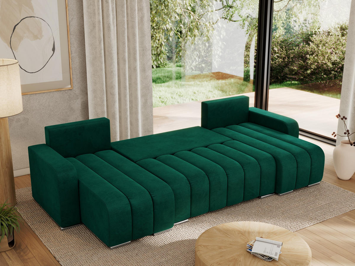 WOHNLANDSCHAFT KIRASSO U Dunkelgrün Velvet - Dunkelgrün/Grau, Textil/Metall (320/86/147cm) - MKS