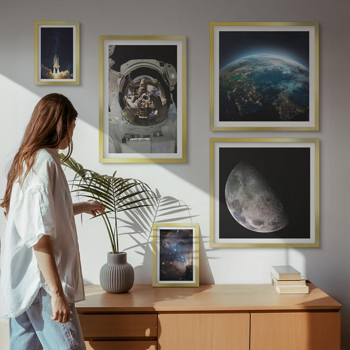BILDER SET 5er Set - 50x50 cm & 20x30 cm & 40x60 cm Goldrahmen - Weltraum Erde Rakete Galaxie - Goldfarben, Kunststoff (40/60cm) - TULUP