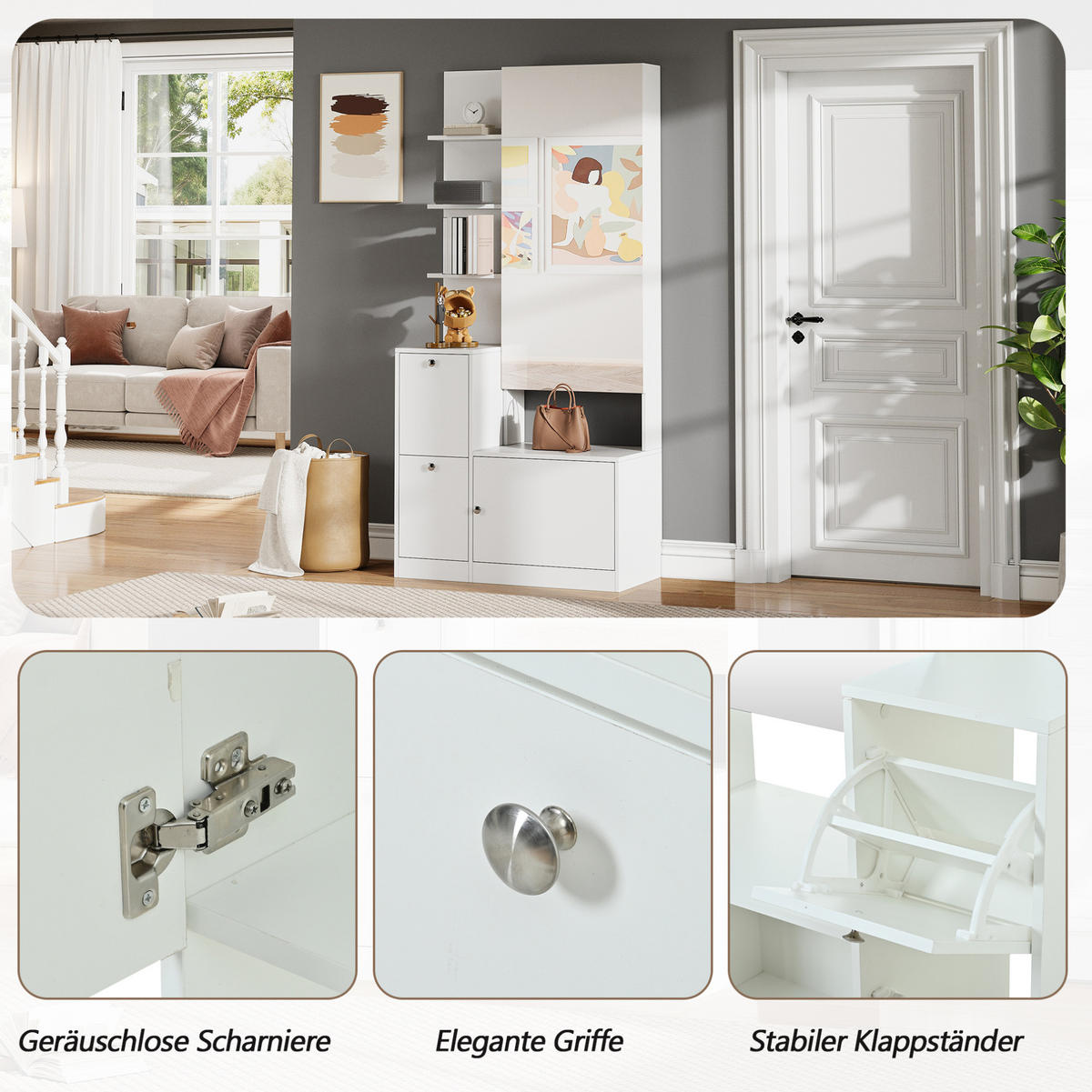 FLURSCHRANK 85/40/180 cm mit Spiegel, 2 Schuhschränken, 5 offenen Ablagen und Spanplatte, Weiß - Weiß, Holzwerkstoff (85/180/40cm) - Redom