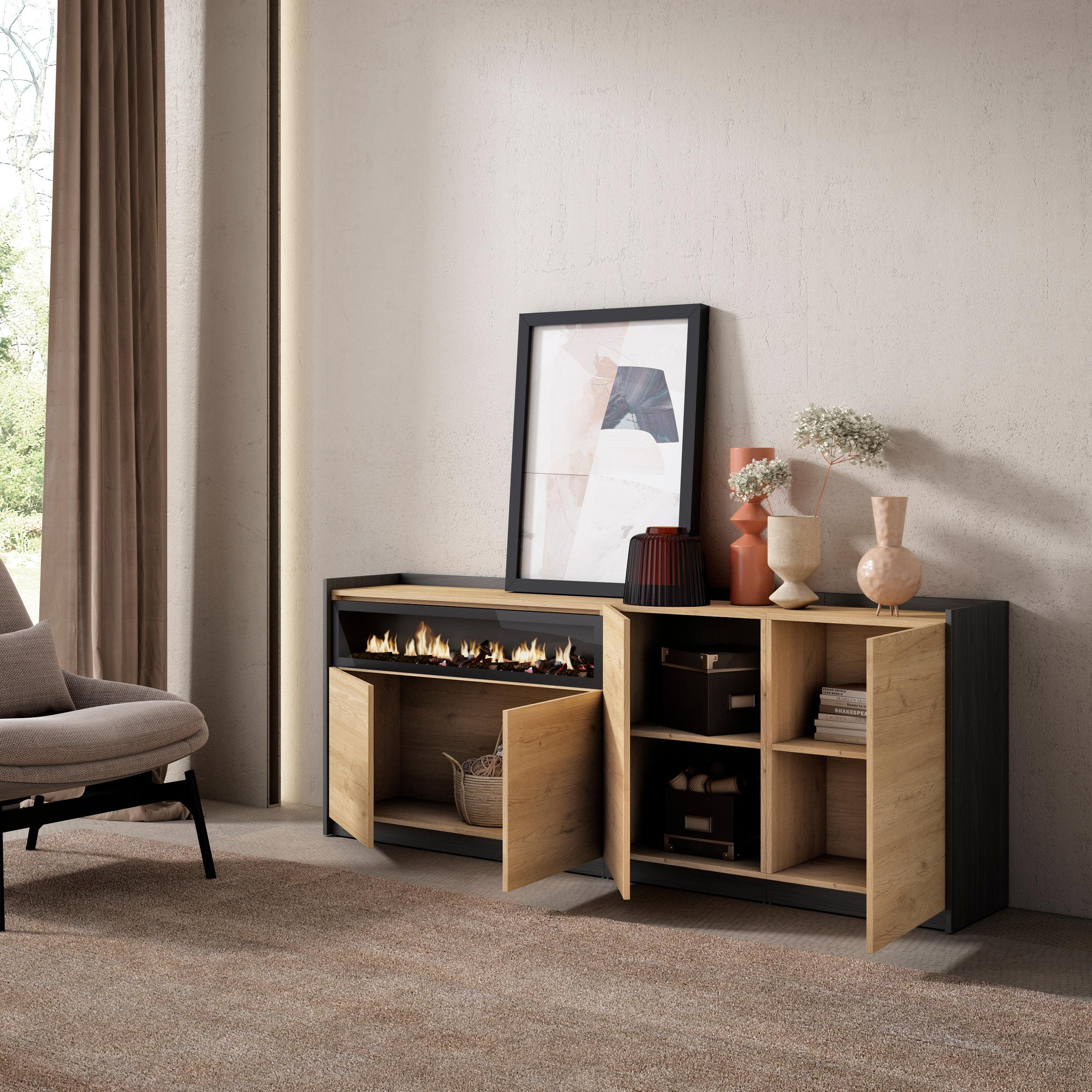 SIDEBOARD, Highboard, Eiche Schwarz, Elektrokamin, 207/37/80cm - Eichefarben, Holzwerkstoff (207/80/37cm) - Skraut Home