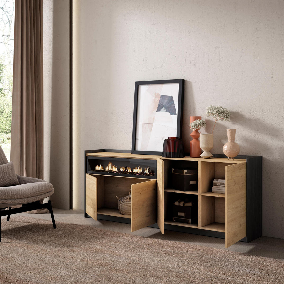 SIDEBOARD, Highboard, Eiche Schwarz, Elektrokamin, 207/37/80cm - Eichefarben, Holzwerkstoff (207/80/37cm) - Skraut Home