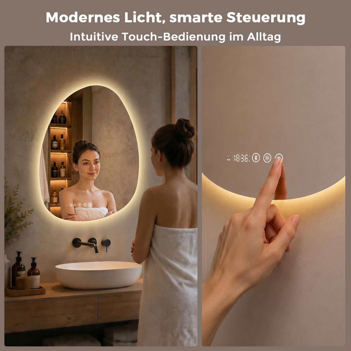 BADSPIEGEL MIT BELEUCHTUNG 85/50 cm asymmetrisch Bluetooth LED mit Antibeschlag - Transparent, Glas (85/50/3cm) - S'AFIELINA