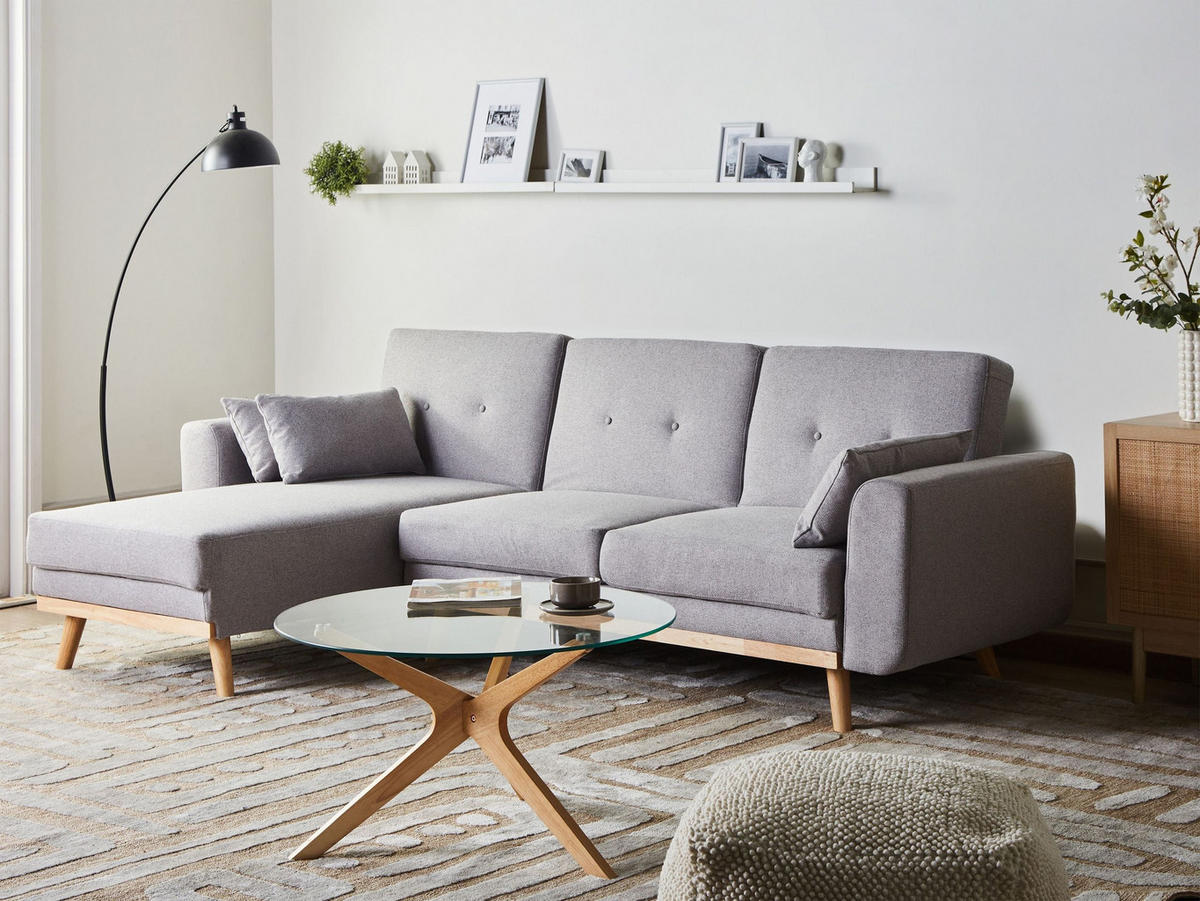 ROZKLÁDACÍ ROHOVÁ POHOVKA 3-místná Látka Šedá pravostranná Kaarina - světle hnědá, textil (260/152cm) - Beliani