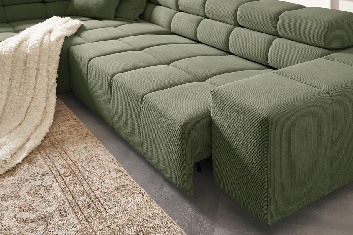 ECKSOFA MIT MOTORISCHEM SITZVORZUG NEVADA Dunkelgrün Cord - Dunkelgrün/Schwarz, Kunststoff/Textil (319/215cm) - KAWOLA