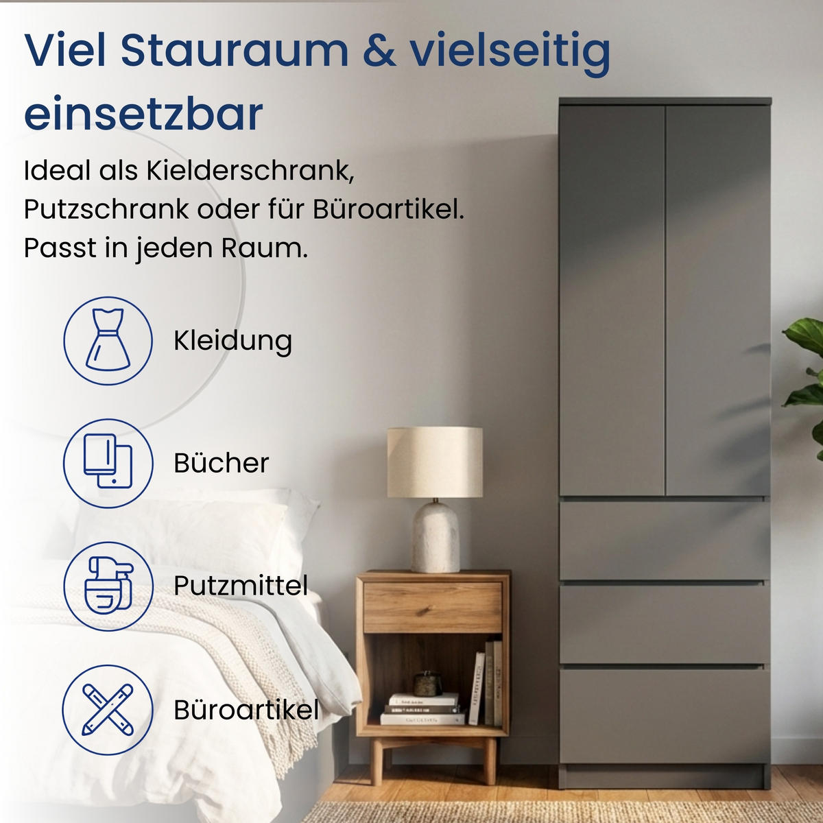 MEHRZWECKSCHRANK 2-türig mit 3 Einlegeböden & 3 Schubladen in Anthrazit - Anthrazit, Holzwerkstoff (50/180.5/40cm) - Home Collective