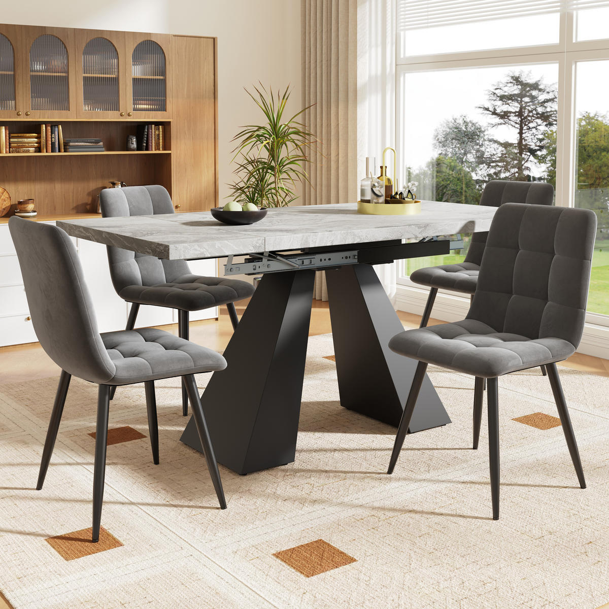 ESSTISCHSET 5-Teilig Ausziehbar 160x80 Cm, 4 Graue Samtstühle, Grau - Grau, Metall (74/77/160cm) - FLIEKS