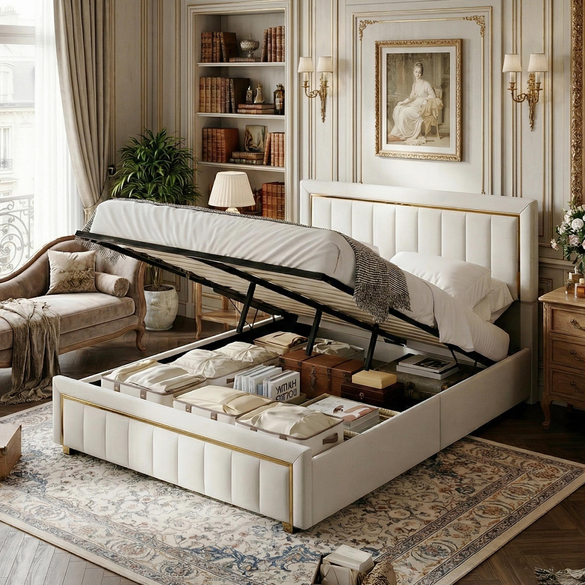 POLSTERBETT Eleganz 140/200 cm mit Bettkasten & Edelstahlrahmen Samtoptik Beige - Beige, Textil (140/200cm) - Creahappy