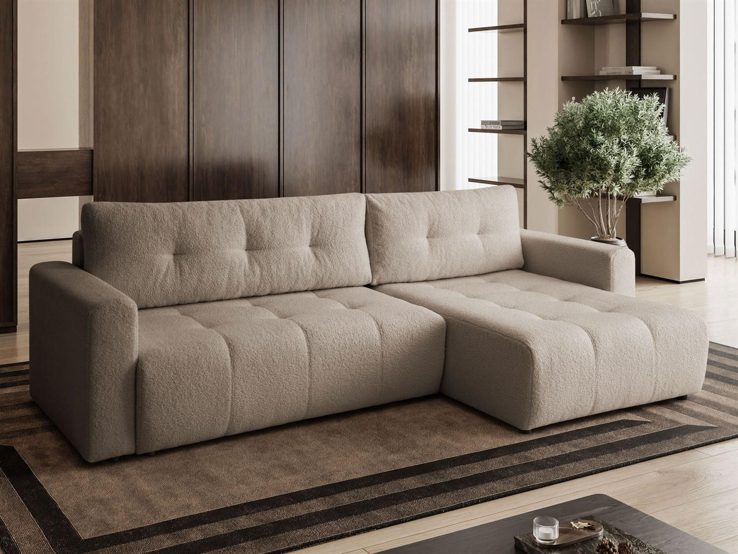 ECKSOFA VIENNA Stil Bettkasten und Funktionalität Bouclé Beige Rechts - Beige, Holz (261/143cm) - Kaiser Möbel