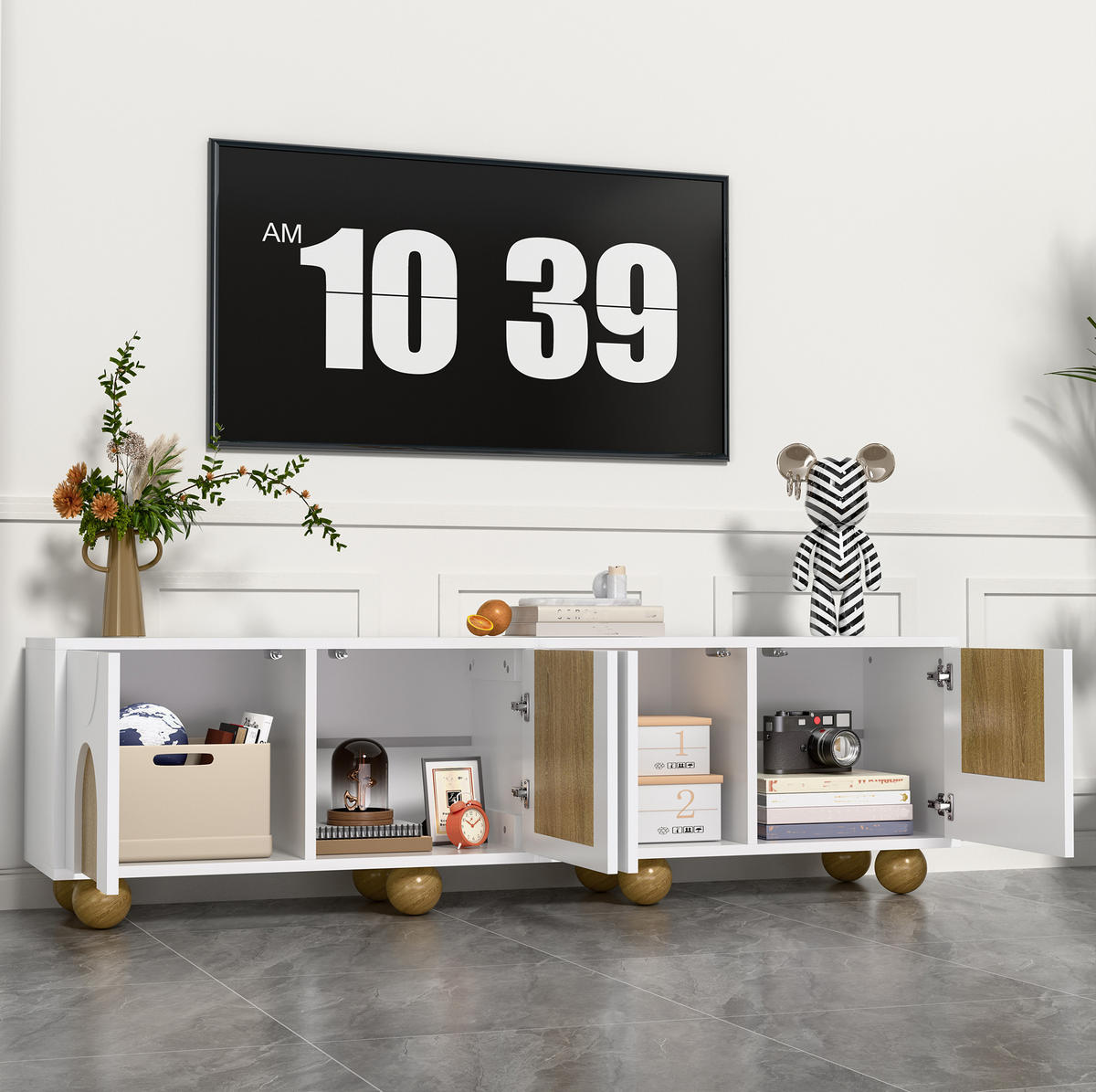 TV ormarić 175/38/50 cm natur i bijeli od MDF-a i PB-a s 4 vrata i prostorom za odlaganje - svijetlo smeđa, drvni materijal (175/50/38cm) - OKWISH