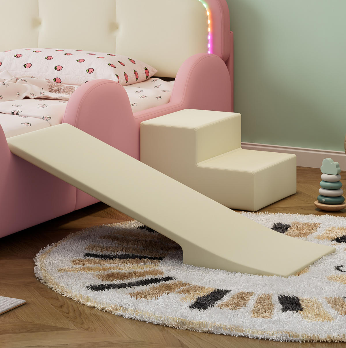 KINDERBETT 90/200 cm mit Rutsche, Treppe und LED – Polsterbett in Rosa/Beige - Rosa, Kunststoff (90/200cm) - BEAOK