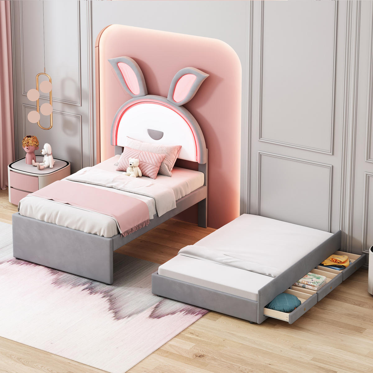 KINDERBETT 90/200 cm grau mit Ausziehbett und LED-Beleuchtung - Grau, Textil (90/200cm) - OKWISH