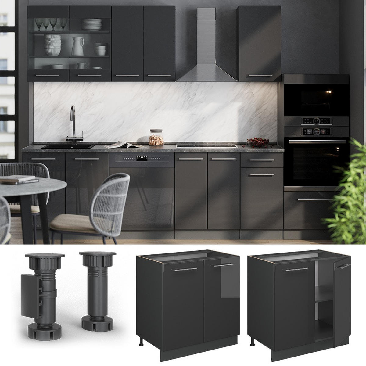 SPÜLENUNTERSCHRANK Fame-Line Anthrazit Hochglanz 80 cm mit Regal, AP Anthrazit - Schwarz Hochglanz/Anthrazit, Holzwerkstoff (80/82/60cm) - Vicco