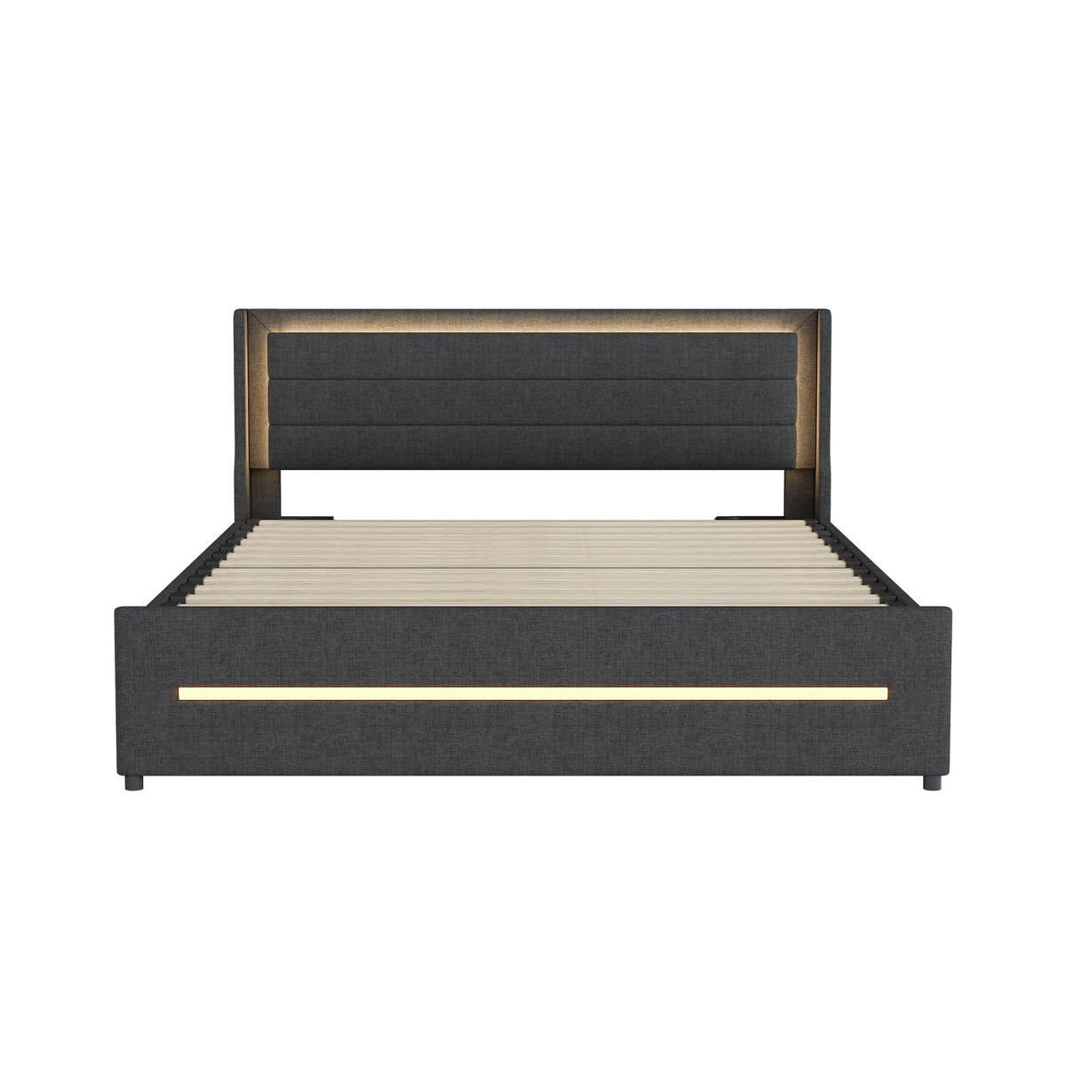 POLSTERBETT 160/200 cm DE-01937, in Grau, mit LED-Beleuchtung und 4 Schubladen - Grau, Metall (160/200cm) - ComfortXL