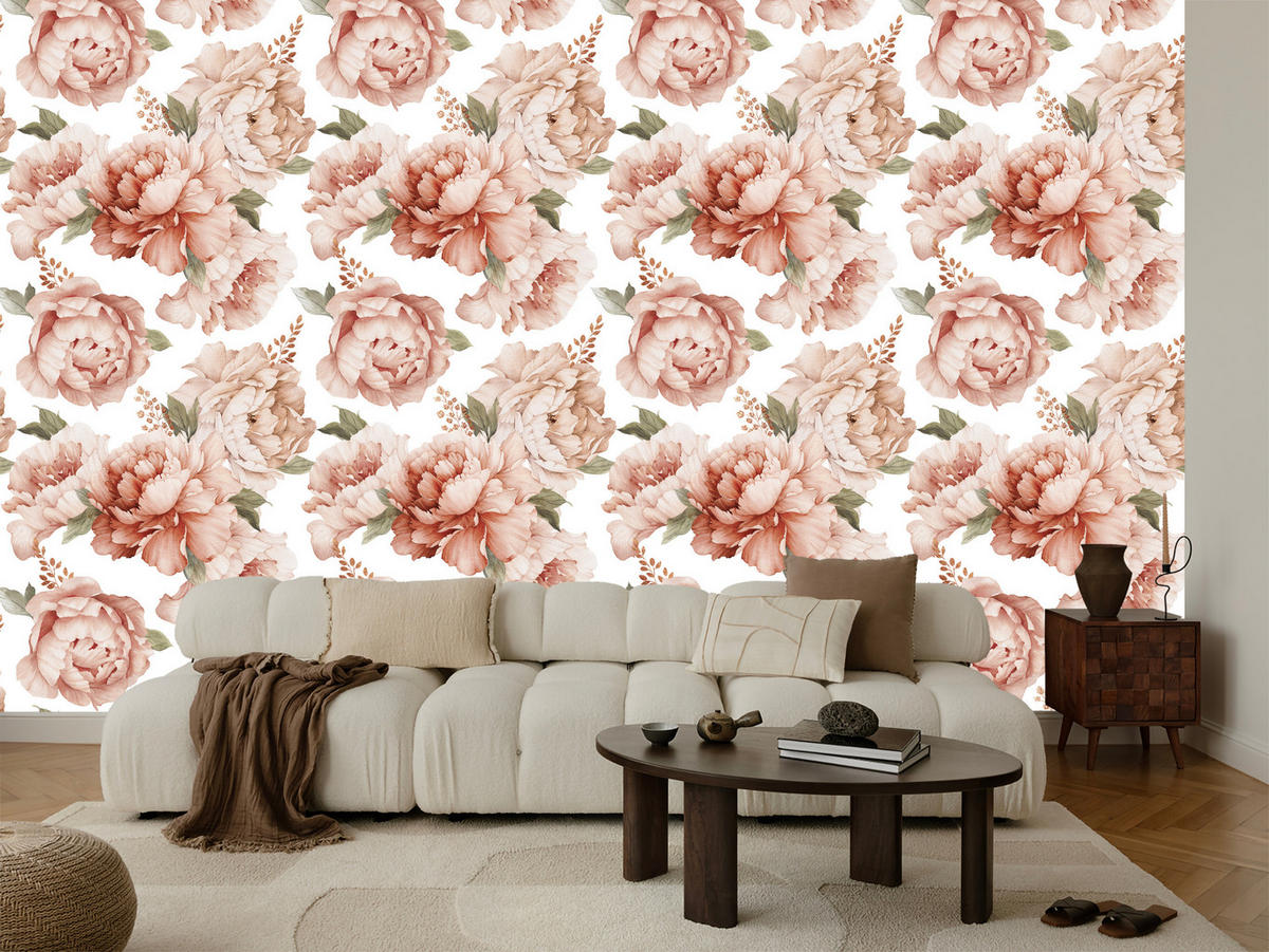 VLIESTAPETE Pfingstrosen im Boho-Stil – Rosa, Beige, Weiß – 50x1000 cm - Beige/Rosa, Papier (50/1000cm) - Muralo