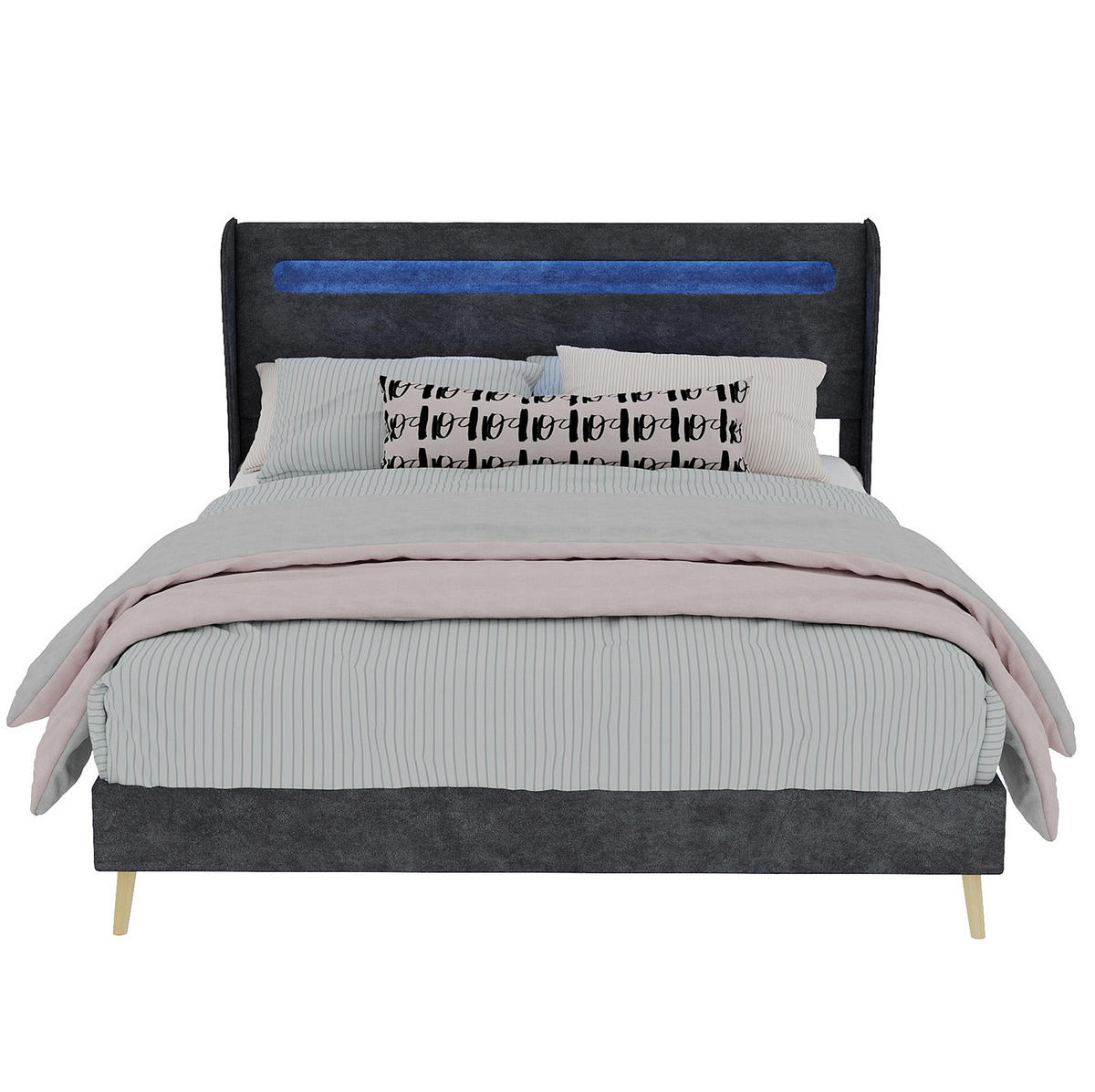 ČALOUNĚNÁ postel 140/200 cm šedá z látky a kovu s LED osvětlením a nastavitelným čelem - šedá, textil (140/200cm) - OKWISH