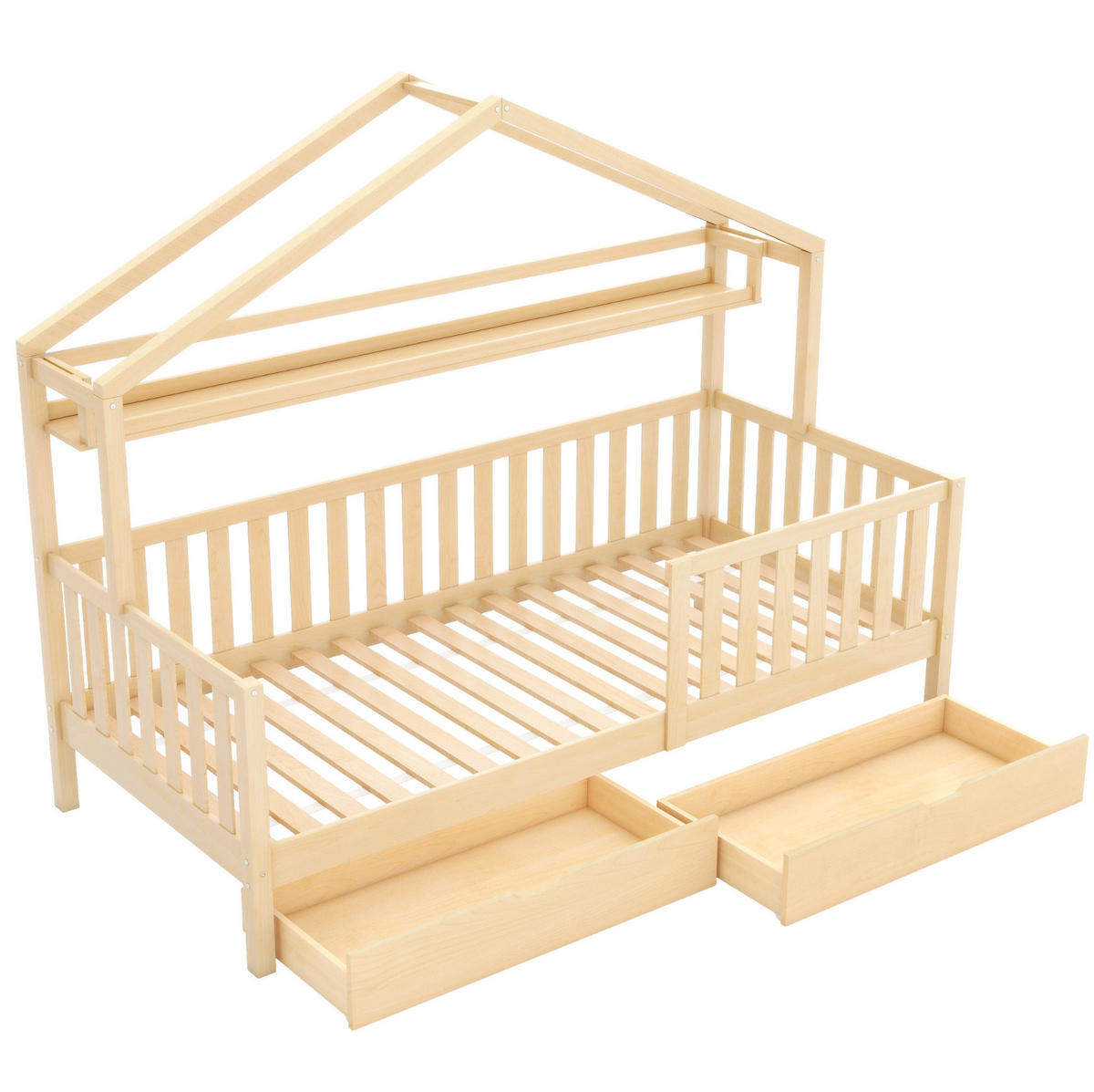HAUSBETT 90/200 cm aus Kiefer massiv in Natur – mit Schubladen und Rausfallschutz - Naturfarben, Holz (90/200cm) - BEAOK
