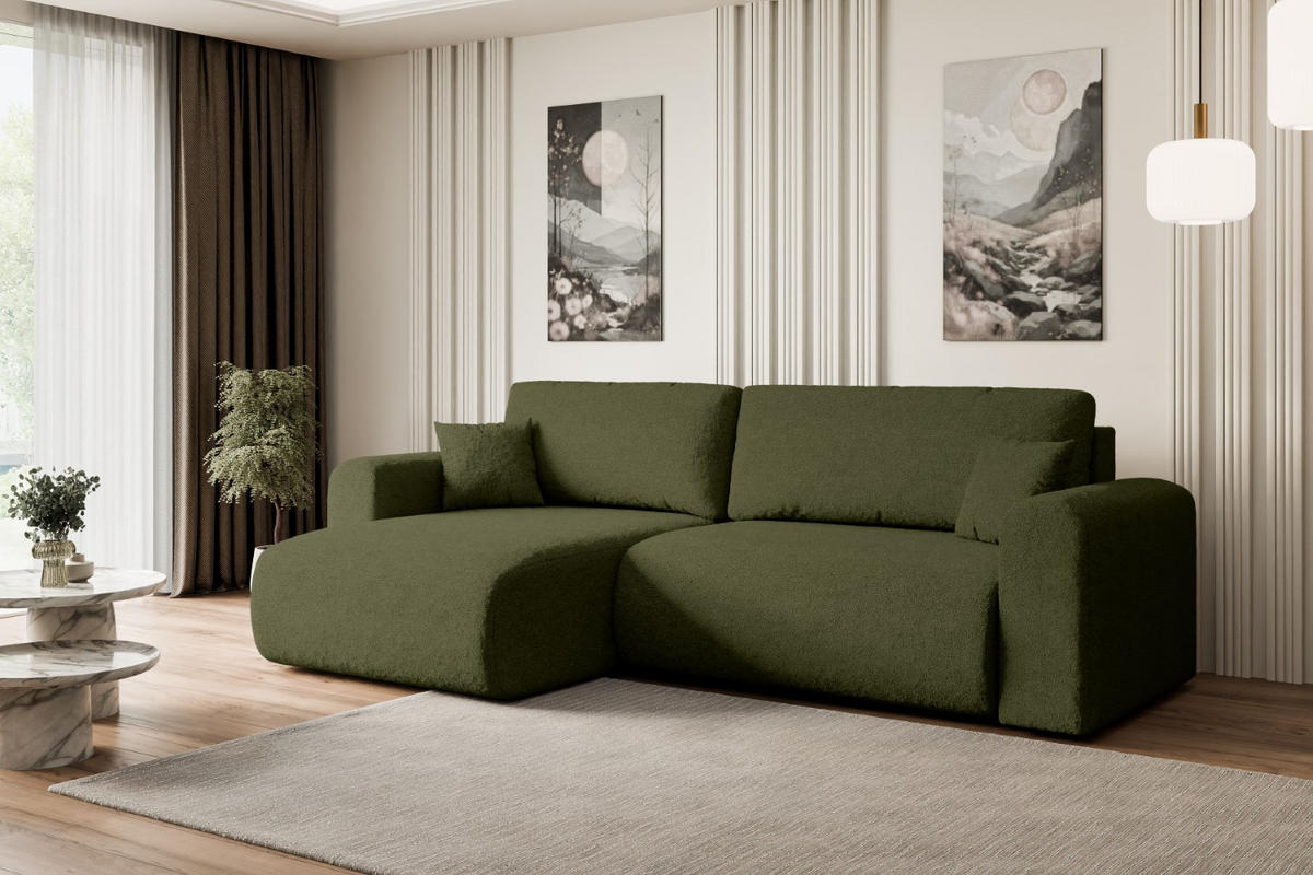 ECKSOFA mit Schlaffunktion und Bettkasten ORRO-L - 272x145x83 cm Grün Bouclé - Schwarz/Grün, Holzwerkstoff/Kunststoff (272/145cm) - ALTDECOR