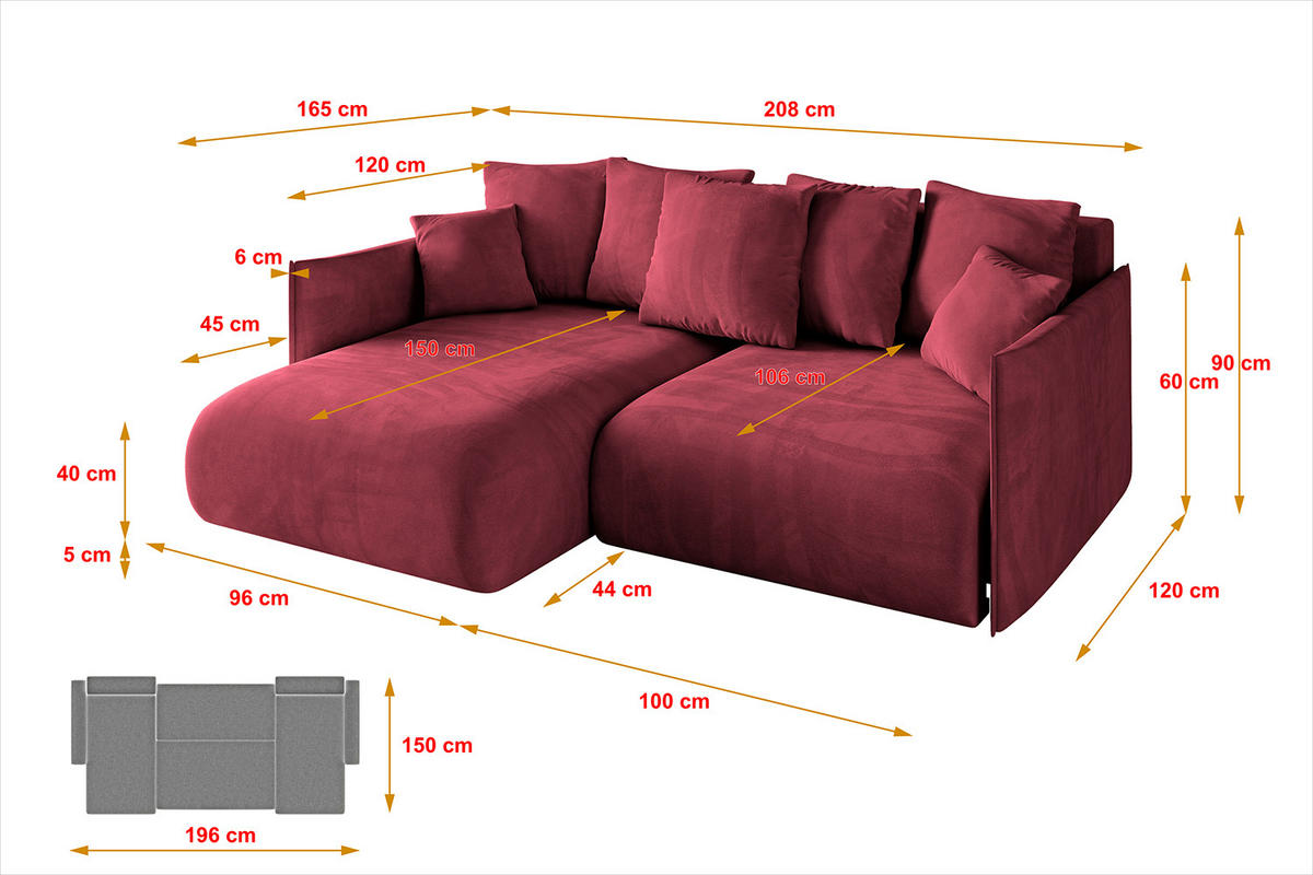 ECKSOFA mit Schlaffunktion und Bettkasten ONESK-L 208x165x40 Bordeauxrot Velours - Bordeaux, Holzwerkstoff/Kunststoff (208/165cm) - ALTDECOR