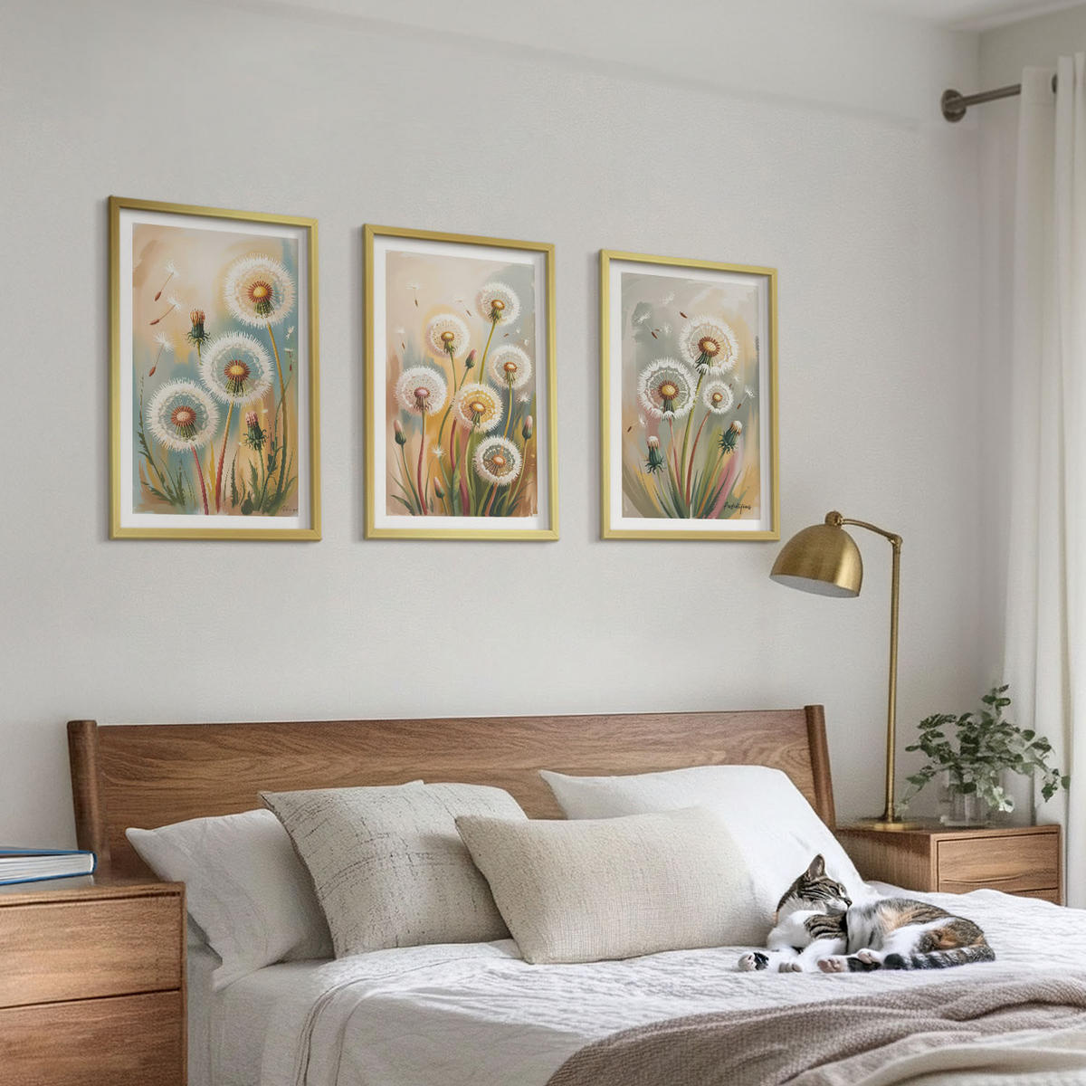 BILDER SET 3er Set - 40x60 cm Goldrahmen - Löwenzahnblüten, pastellfarbene Gräser - Goldfarben, Kunststoff (40/60cm) - TULUP