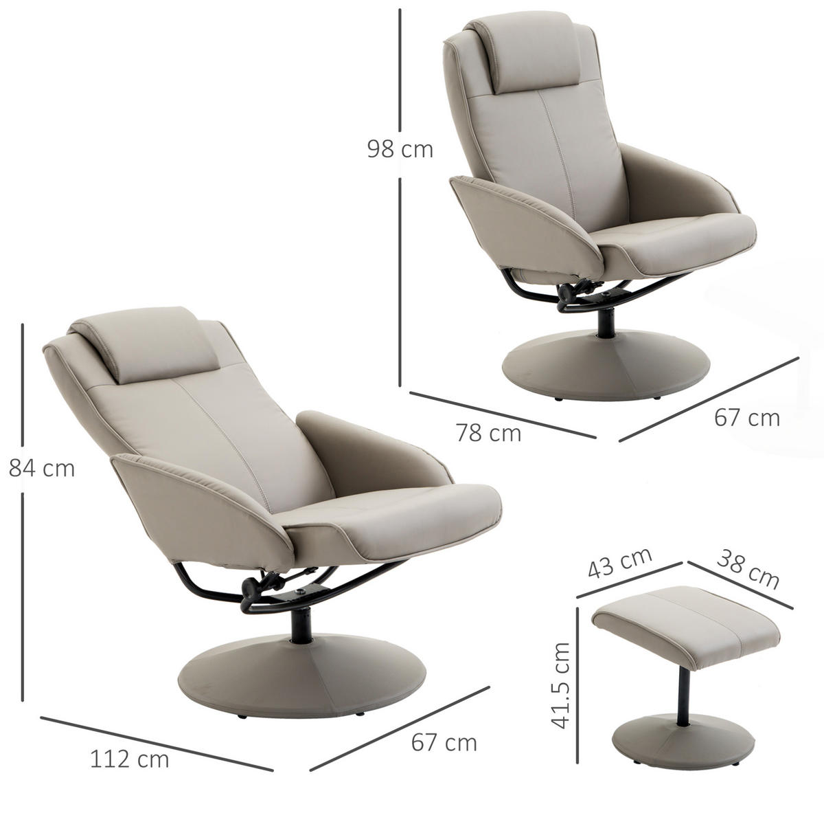 RELAXSESSEL 78/98/67 cm Grau aus Kunstleder mit Fußhocker - Grau, Holz (67/98/78cm) - OKMYHOME