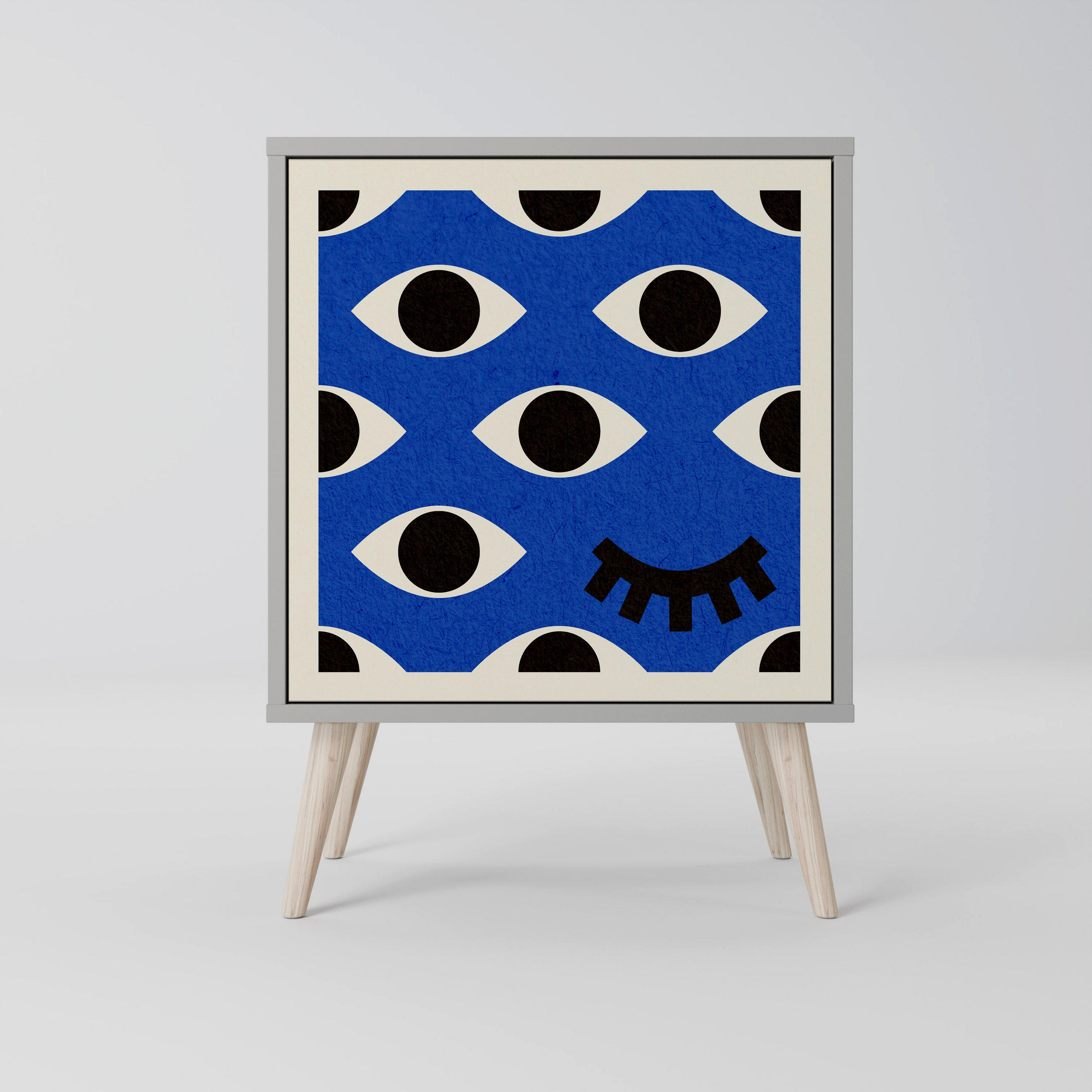 SIDEBOARD GEOMETRIC EYES, Grau, 57,5x42x77,5 cm, Schräge Buchenholzfüße - Buchefarben/Multicolor, Holzwerkstoff/Buchenholz (57.5/77.5/42cm) - SpaceRebels