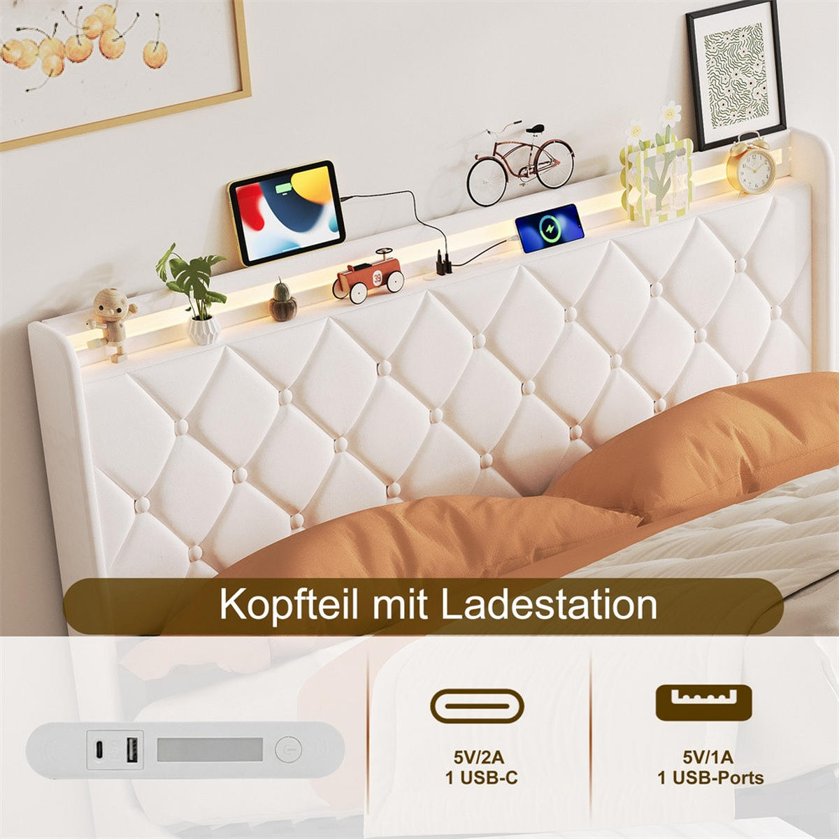 POLSTERBETT 140x200 cm mit hydraulischem Stauraum - Kopfteil Regal & LED - USB - ohne Matratze - Beige - Beige, Textil (140/200cm) - DELFA