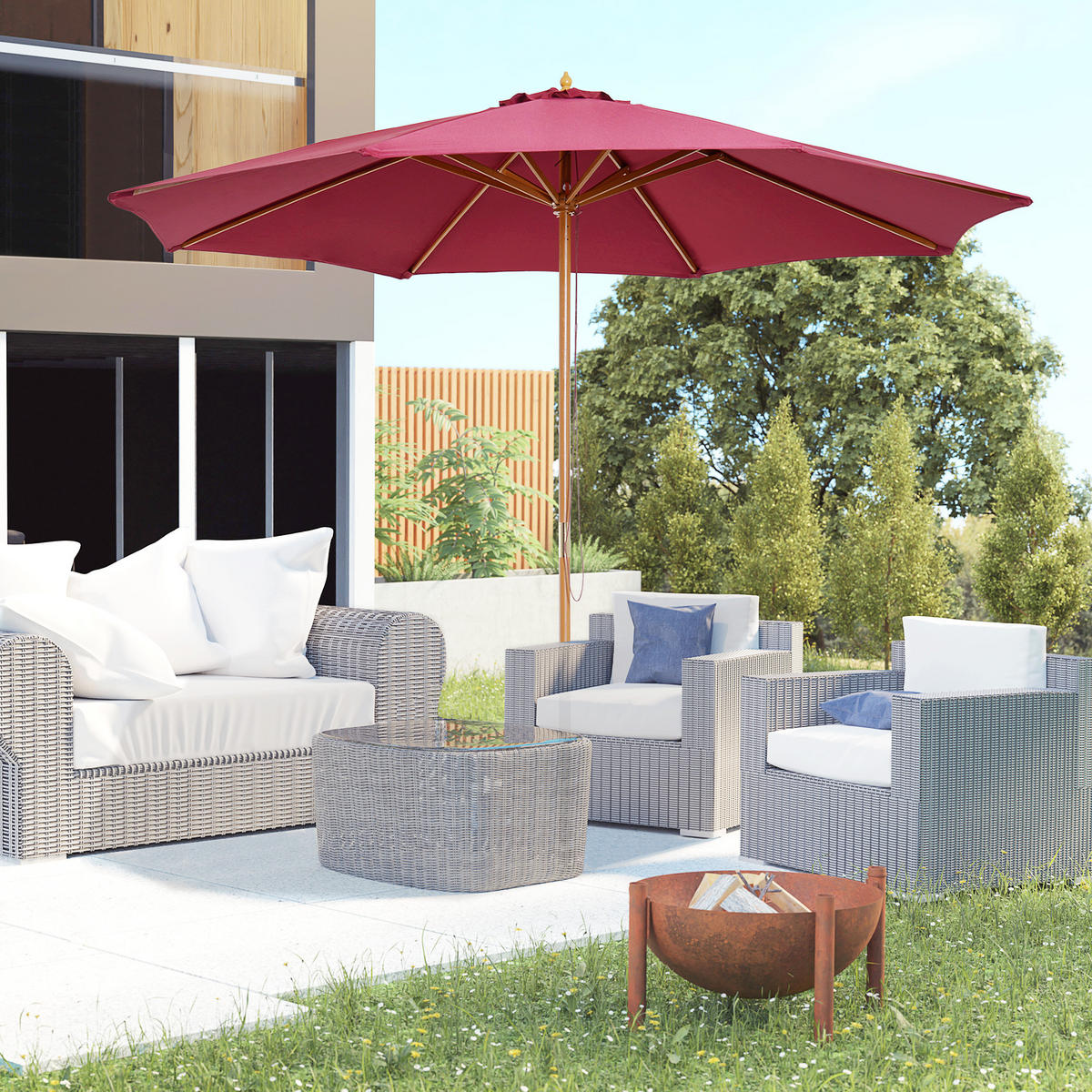 SONNENSCHIRM DE-11353 doppeltes Dach, Holz, 3 m Rot - Rot, Holzwerkstoff (300/300cm) - ComfortXL