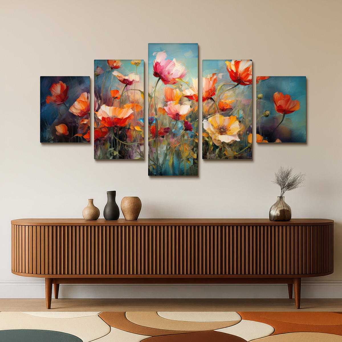 LEINWANDBILD 5er Set Blumen - Bunt - Abstrakt 150x80 cm - Blaugrau, Textil (150/80cm) - MuchoWow