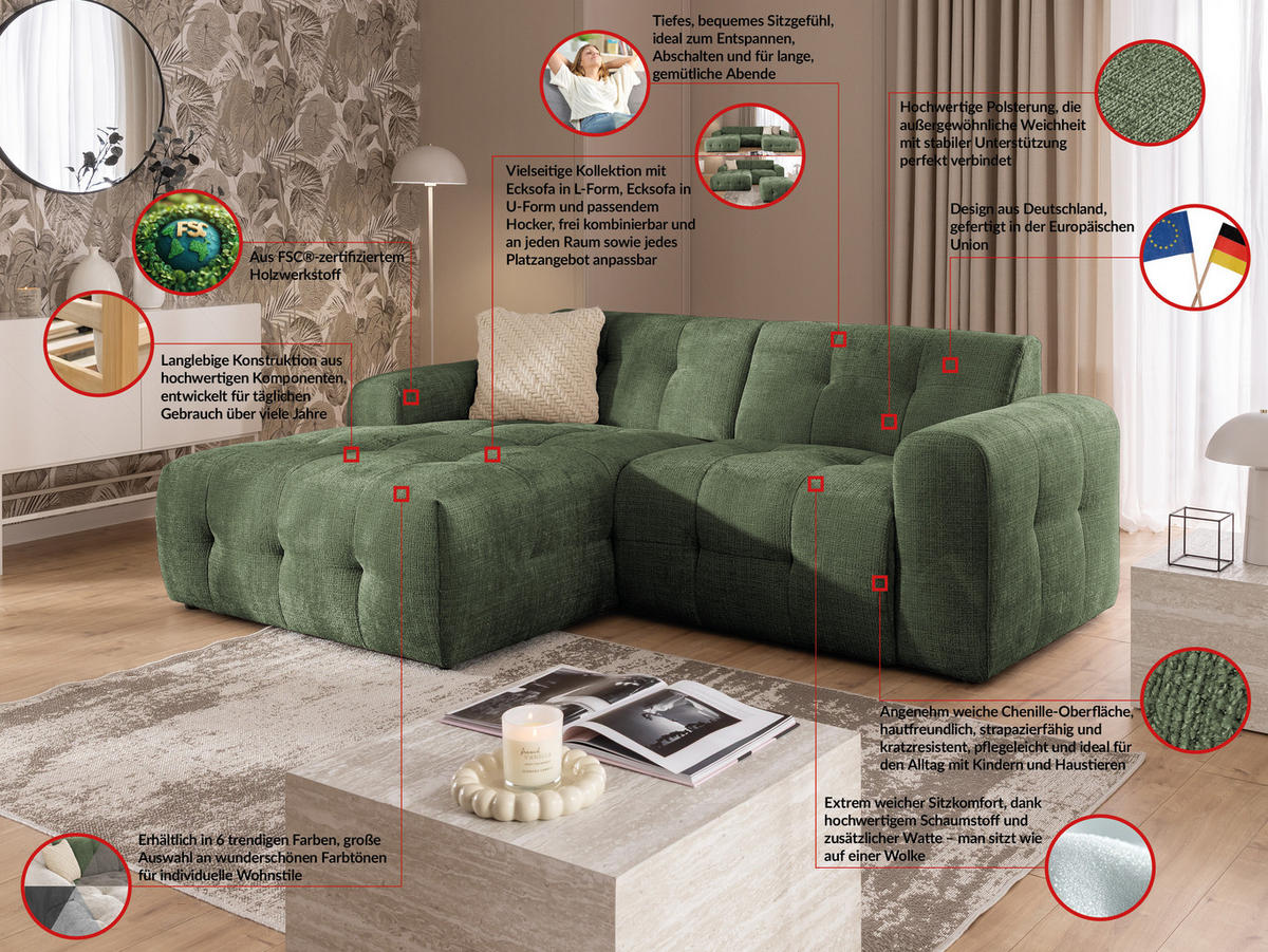 ECKSOFA Kozy im Bumpy-Design mit fester Rückenlehne aus weichem Grün Chenille-Stoff - Ottomane links - Schwarz/Grün, Holz/Kunststoff (161/234cm) - S-Style Möbel