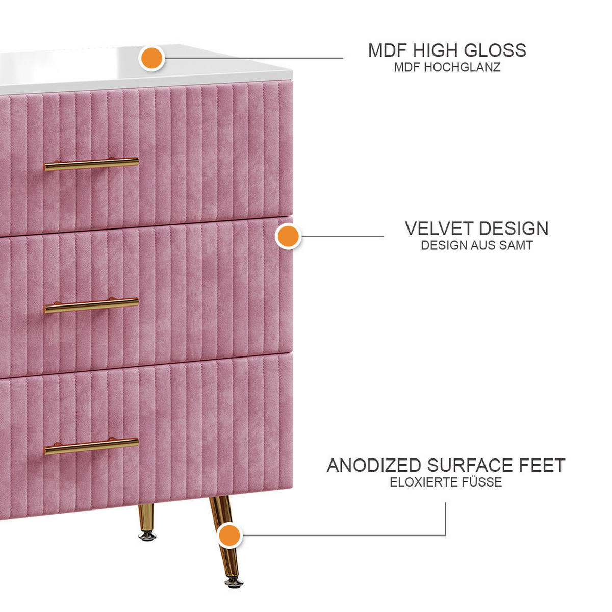 KOMMODE Velia Rosa 70 x 78.5 cm mit 3 Schubladen - Pink, Holzwerkstoff (70/78.5/39cm) - Vicco