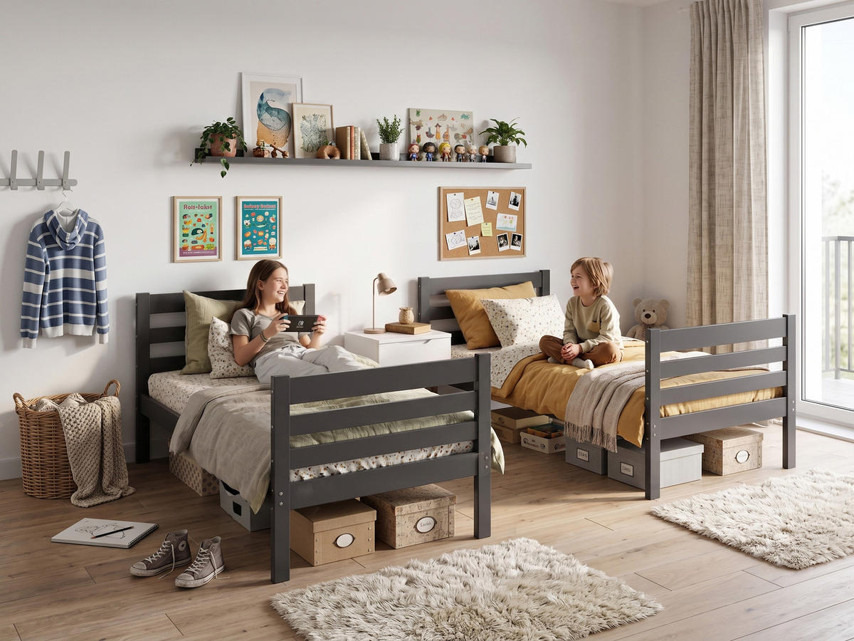 ETAGENBETT ERYK 90/200 cm aus massivem Kiefernholz, grafit, ohne Matratzen - Graphitfarben, Holz - Interbeds