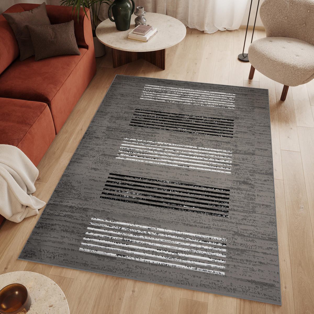 TEPPICH LUXURY Grau Geometrisch Streifen 140/200 cm - Grau, Textil (140/200cm) - Tapiso