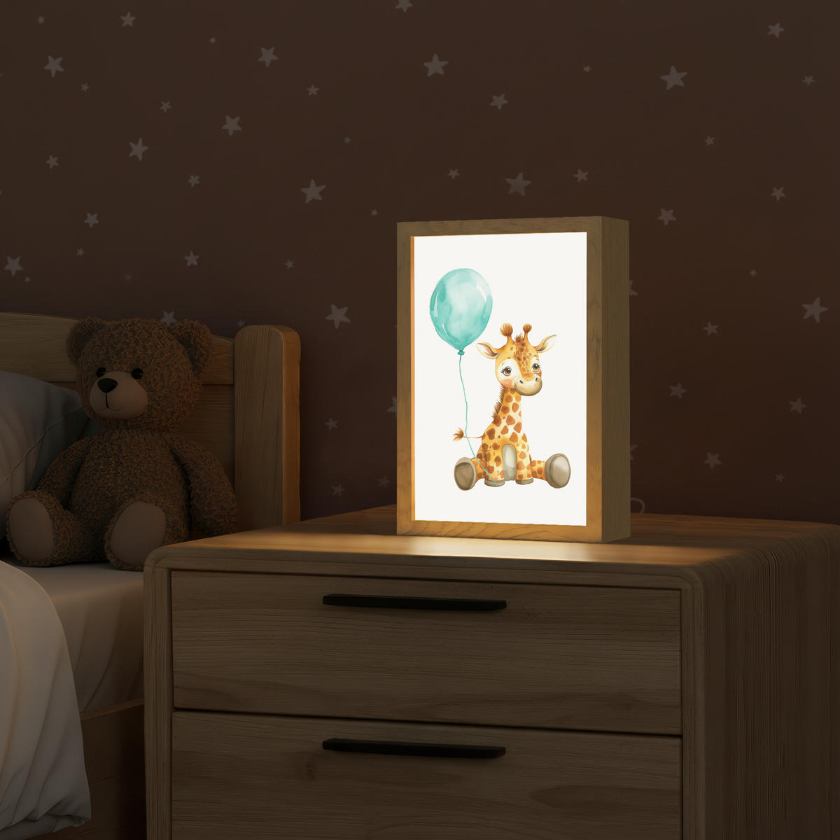 NACHTTISCHLAMPE Giraffe - Baby - Tiere - Blauer Ballon 20x30 cm - Weiß, Holzwerkstoff (8/20/30cm)