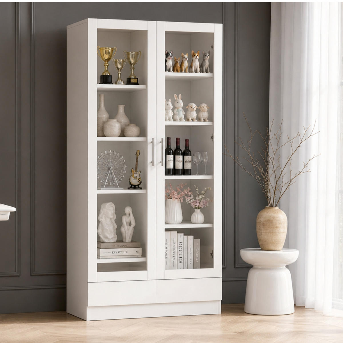 KÜCHENSCHRANKWEISS 80x40x160 cm, MDF und Glas, MIT 2 SCHUBLADEN, für Wohnzimmer und Büro - Weiß, Holzwerkstoff (40/160/80cm) - Rolipo