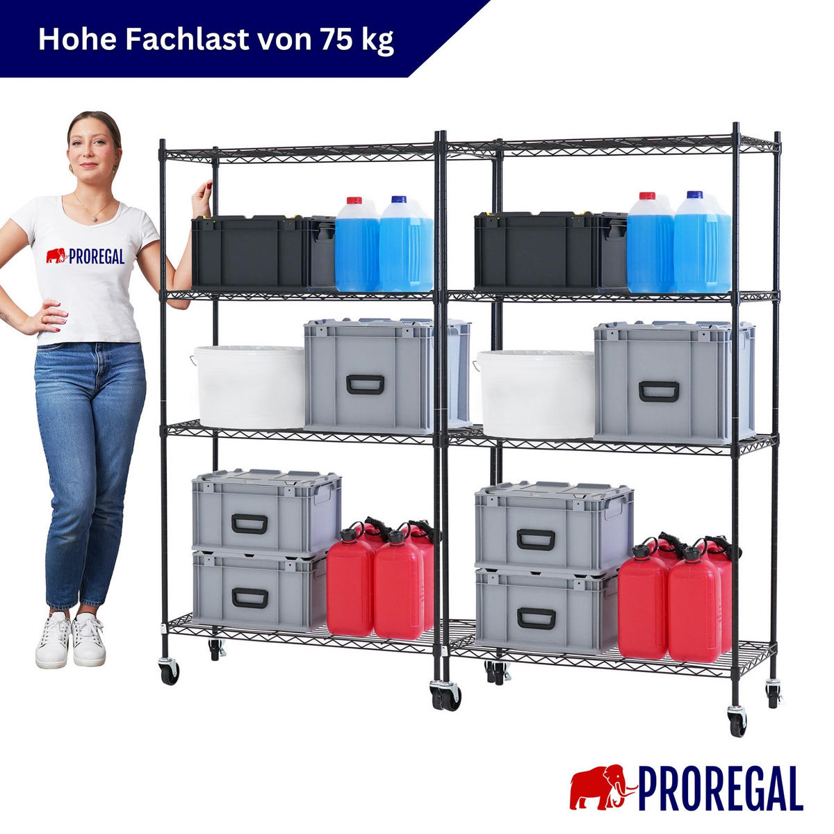 GITTERREGAL 2er - Set HADES mit Rollen & 4 Gitterböden Metall 160x90x40cm Schwarz - Schwarz, Metall (90/160/40cm) - PROREGAL