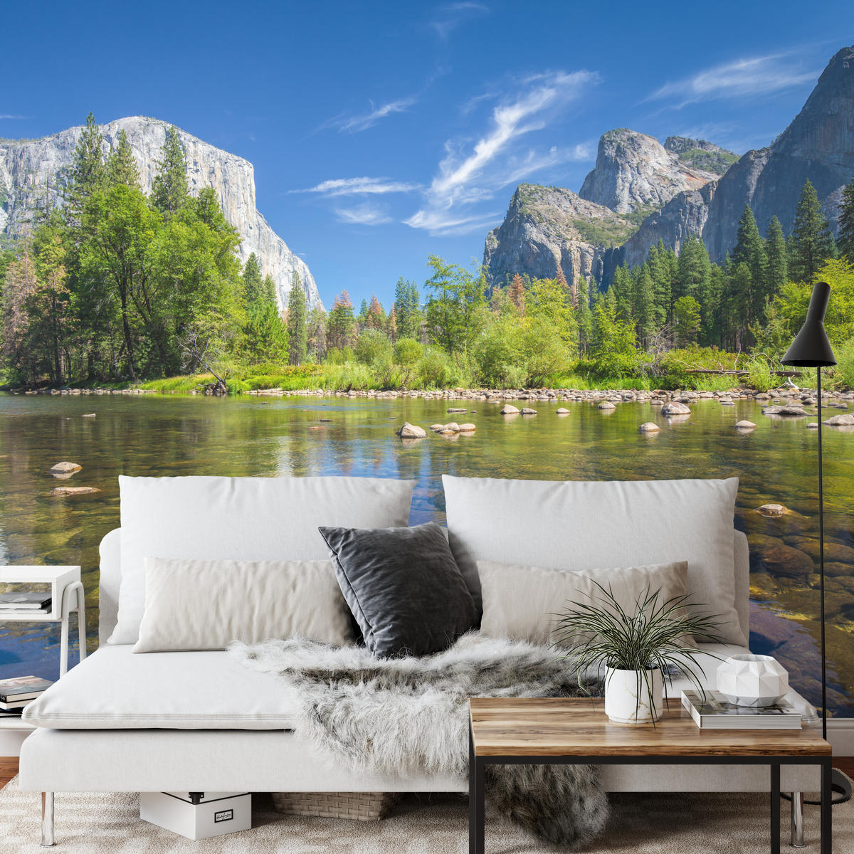 FOTOTAPETE für Wohnzimmer Yosemite Nationalpark Panorama Berge 350x256 - Blau/Beige, Papier (350/256cm) - Muralo