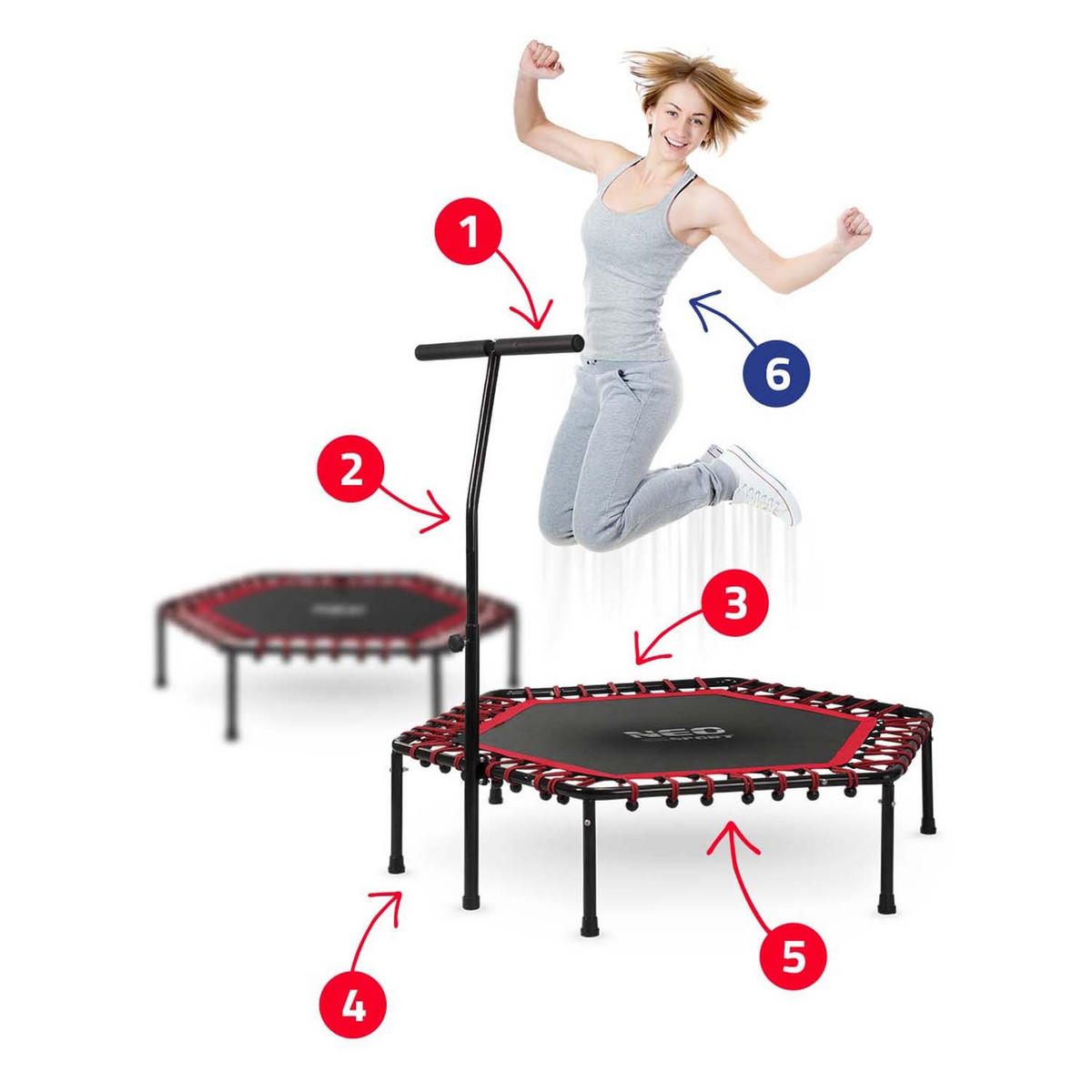 FITNESS-TRAMPOLIN mit Haltegriff 127 cm – sechseckig, rot - Rot, Metall (127/127cm)