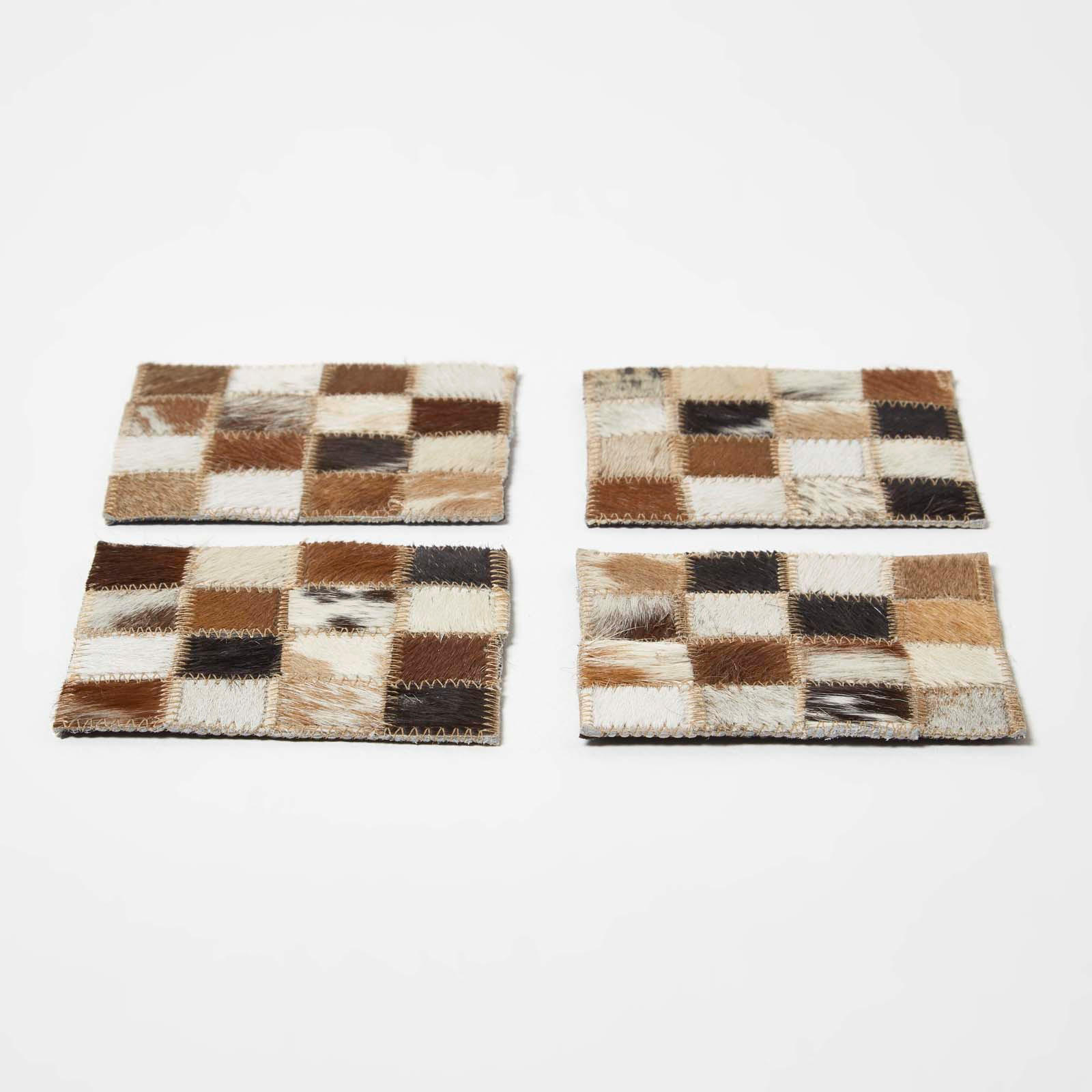 UNTERSETZER 4er-Set mit Patchwork-Karo, Fell & Leder, 10/10 cm - Multicolor, Leder (10/10cm) - Homescapes