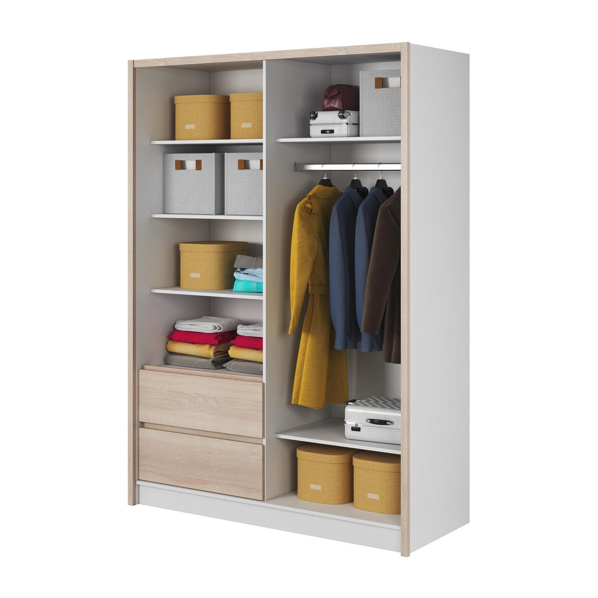 SCHWEBETÜRENSCHRANK SABRINA 154/214/62 cm 3-türig mit Spiegel Weiß - Weiß/Sonoma Eiche, Holzwerkstoff (154/214/62cm) - MASSENO