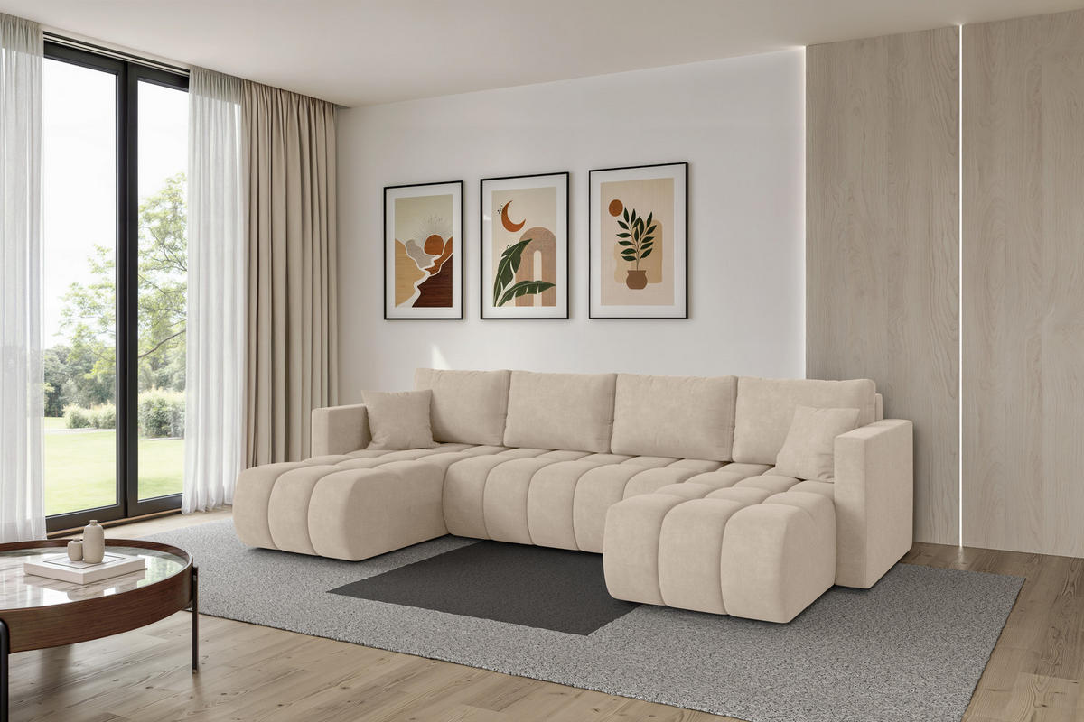 SEDACÍ SOUPRAVA DO U s funkcí spaní a úložným prostorem GARD-U 300x146x85 béžová velur - černá/Sahara, kompozitní dřevo/textil (300/85/146cm) - ALTDECOR