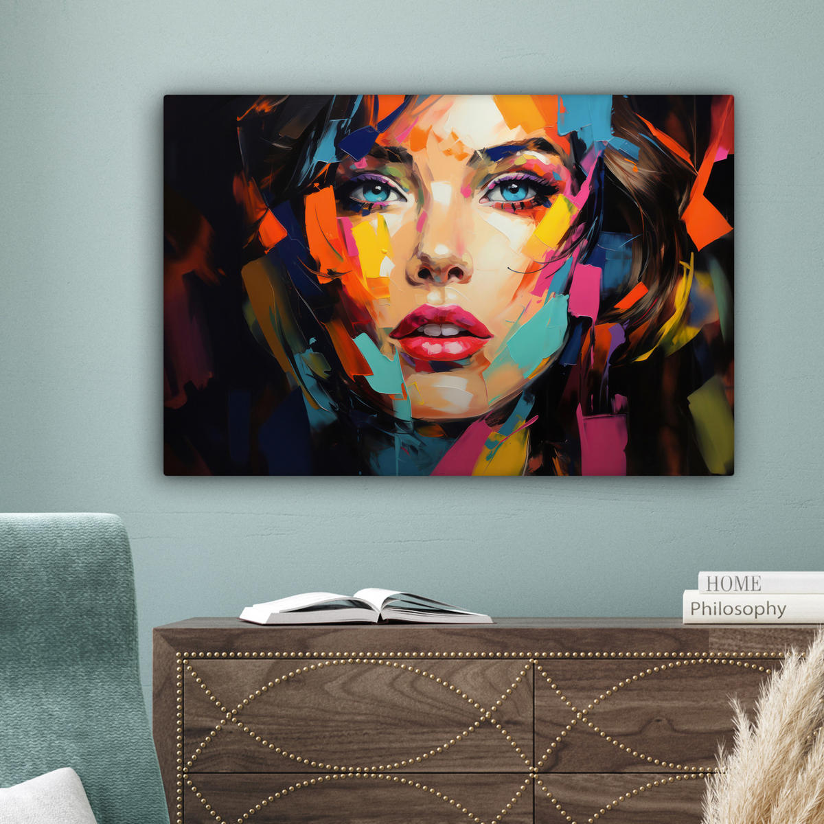 LEINWANDBILD Frau - Porträt - Farbenfroh - Kunst Wanddeko 90x60 cm - Multicolor, Textil (90/60cm) - MuchoWow