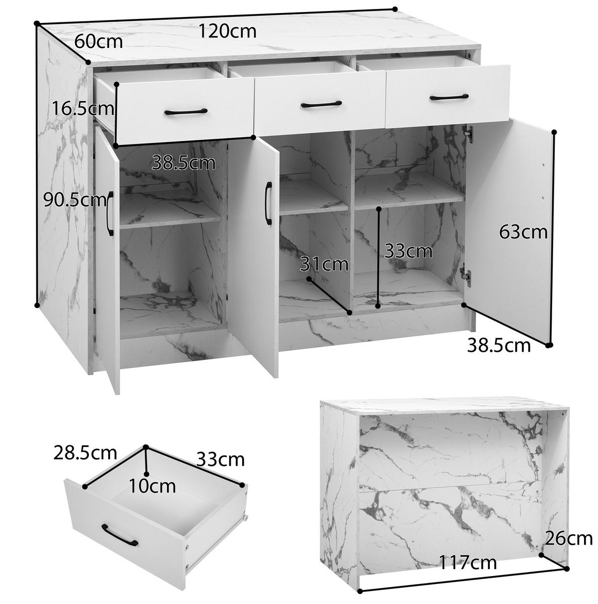 KUHINJSKI otok 120/60/90,5 cm, MDF, bijeli mramor, s barskim dijelom - bijela, drvni materijal (120/90.5/60cm) - BEAOK