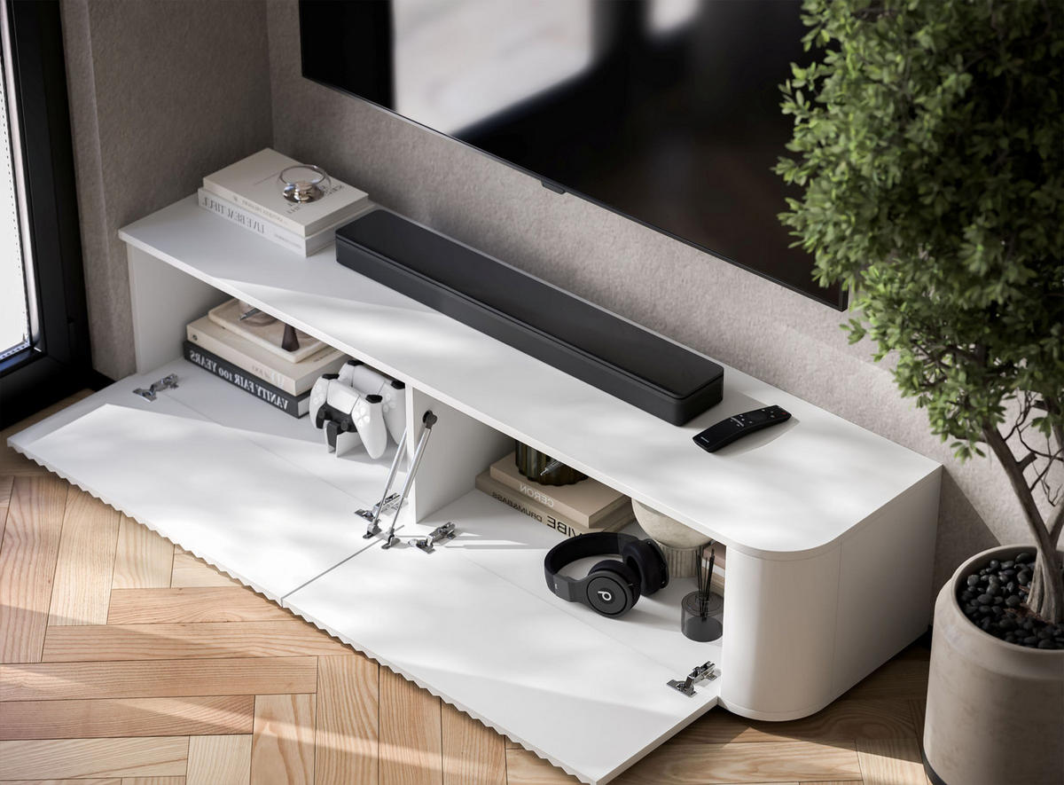 TV stolek Aurora bílý matný 140 cm s nízkými nožkami - bílá, kompozitní dřevo (140/31/35cm) - Meble Lindner