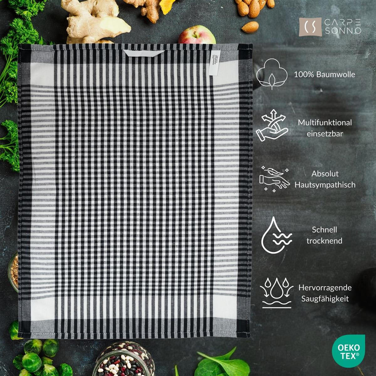 GESCHIRRTÜCHER 50x70 cm im 4er Set aus 100% Baumwolle, Küchentücher Schwarz Weiß - Weiß, Textil (50/70cm) - Carpe Sonno